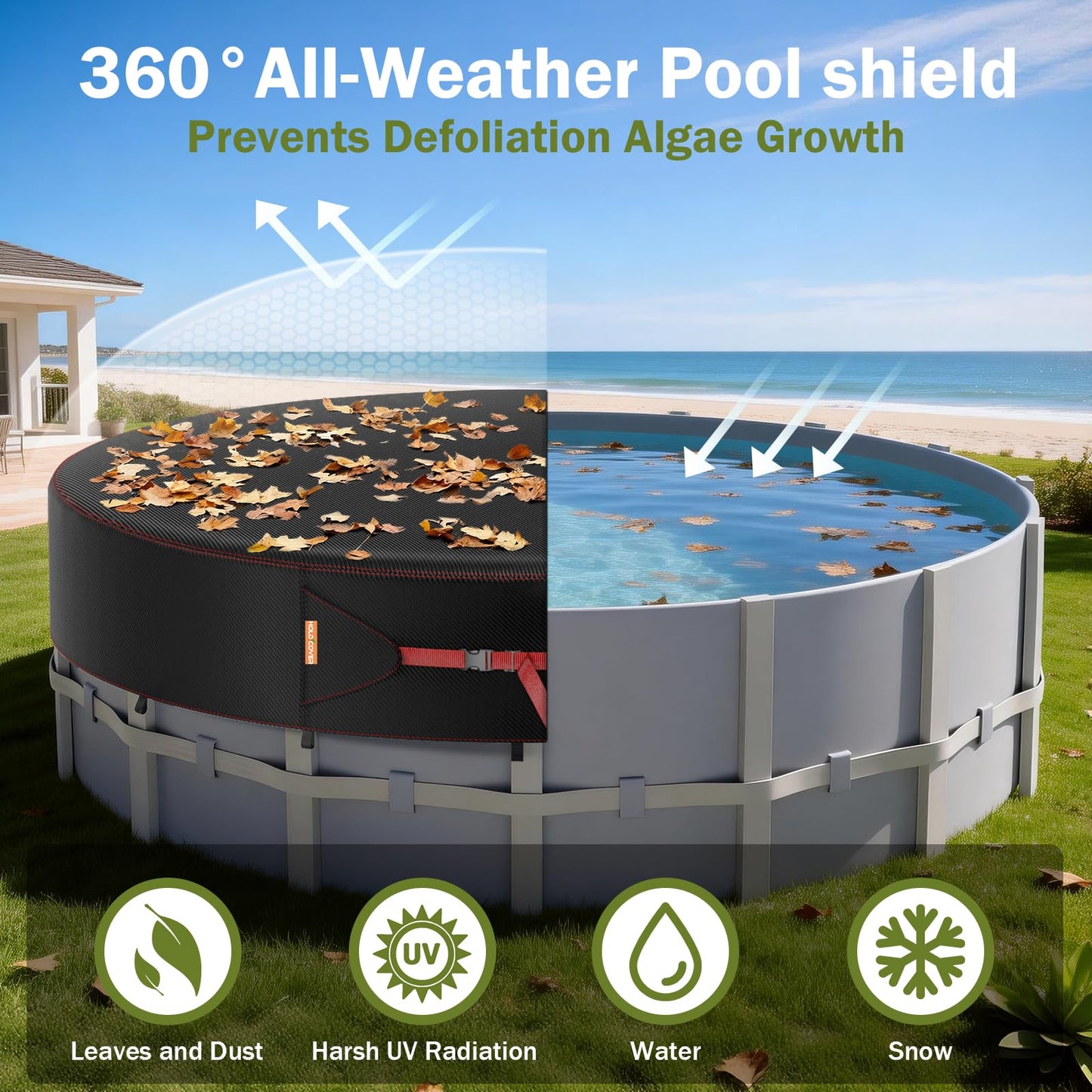 15 Ft Round Pool Cover, Solar Covers for Above Ground Pools, Summer Pool Cover Protector with Tightening Ratchet, Swimming Pool Cover Ideal for Waterproof and Dustproof