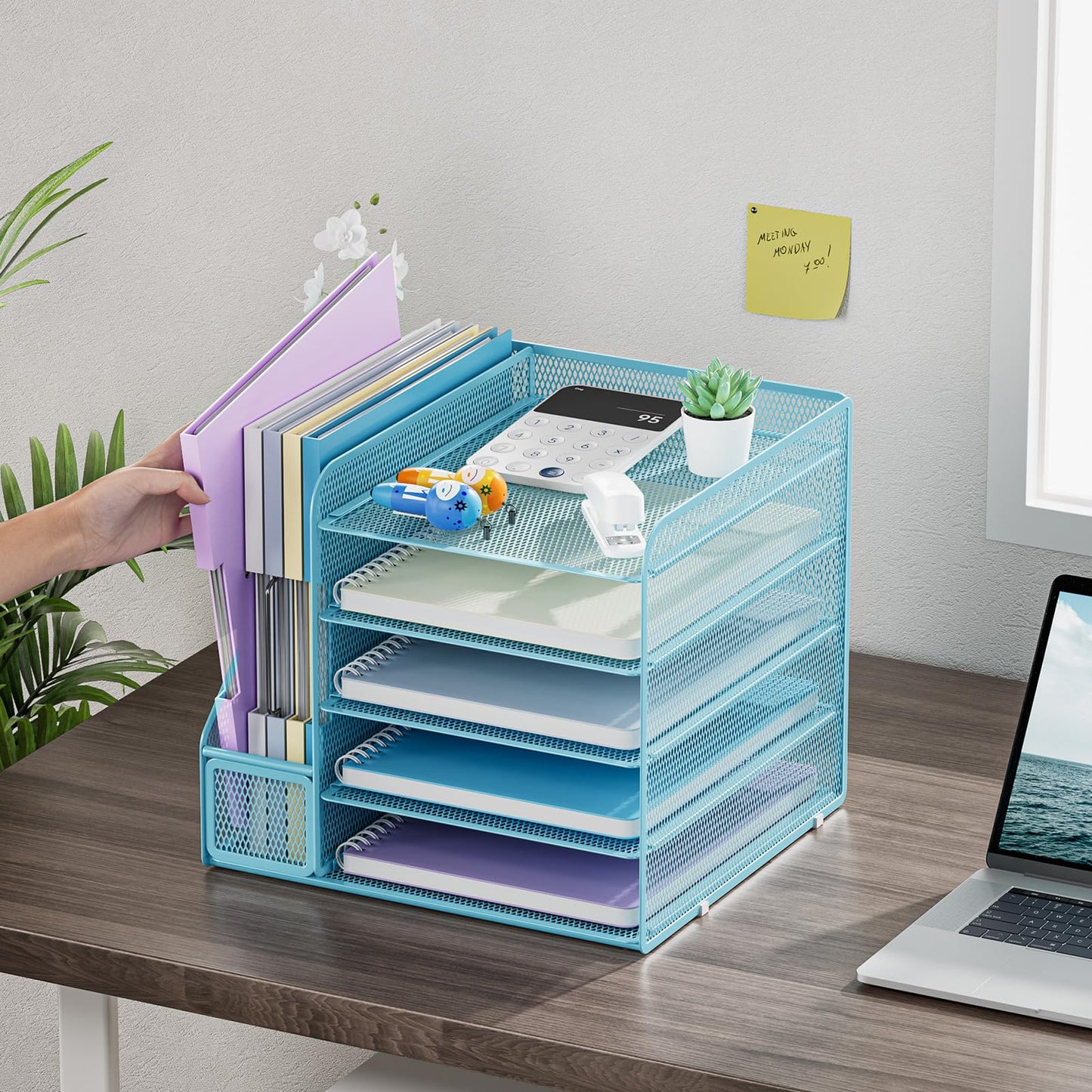 Marbrasse Desk Organizer with File Holder,5-Tier Paper Letter Tray,Metal Mesh Desk Organizers and Accessories,Organization and Storage for School, Home, Office(Blue)