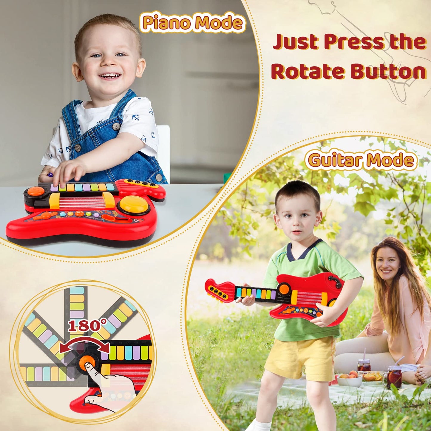 Kids Guitar 2 in 1 Musical Instruments for Kid Piano Toddler Toy Guitar with Strap Electric Guitars Music Toys for 3 4 5 Year Old Boys Girls Birthday (Red)