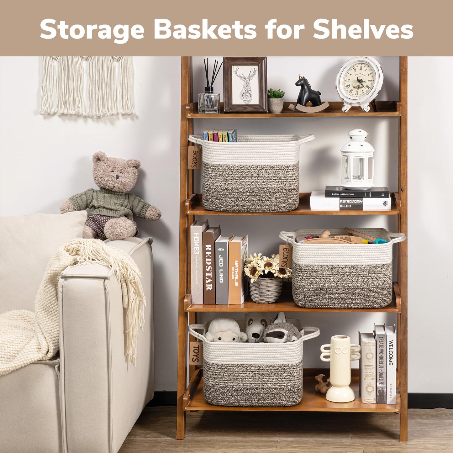 Goodpick Organizing Baskets, 13 x 10 x 9 Inches, Woven Storage Baskets for Shelves, Baby Gift Basket for Nursery, Small Decorative Laundry Basket 3 Pack, panier rangement, White & Brown