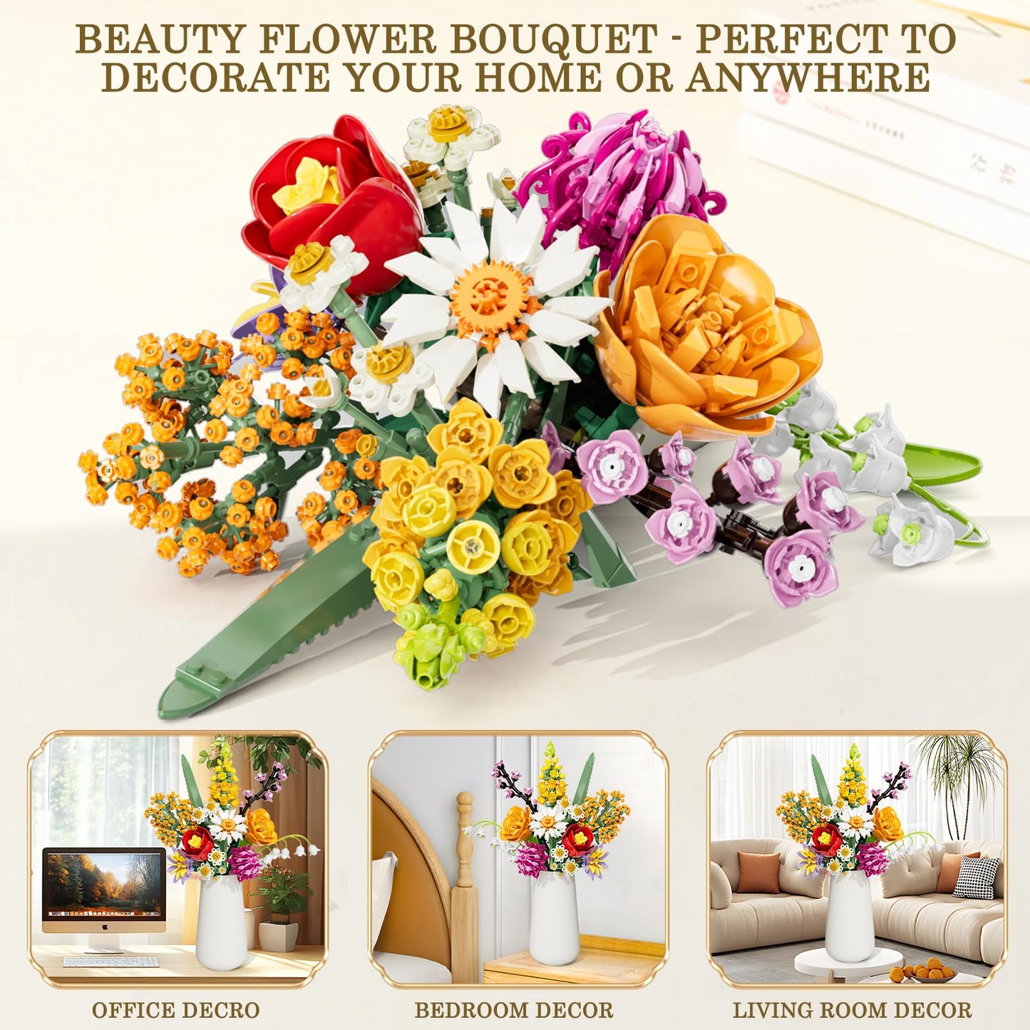 Flowers Bouquet Building Set, 1070PCS Wildflower Botanical Collection, Artificial Plant Flower Kit Toy for Adults Kids Women Her, Home Decor Gift for Birthday, Valentine's Day, Christmas (No Vase)