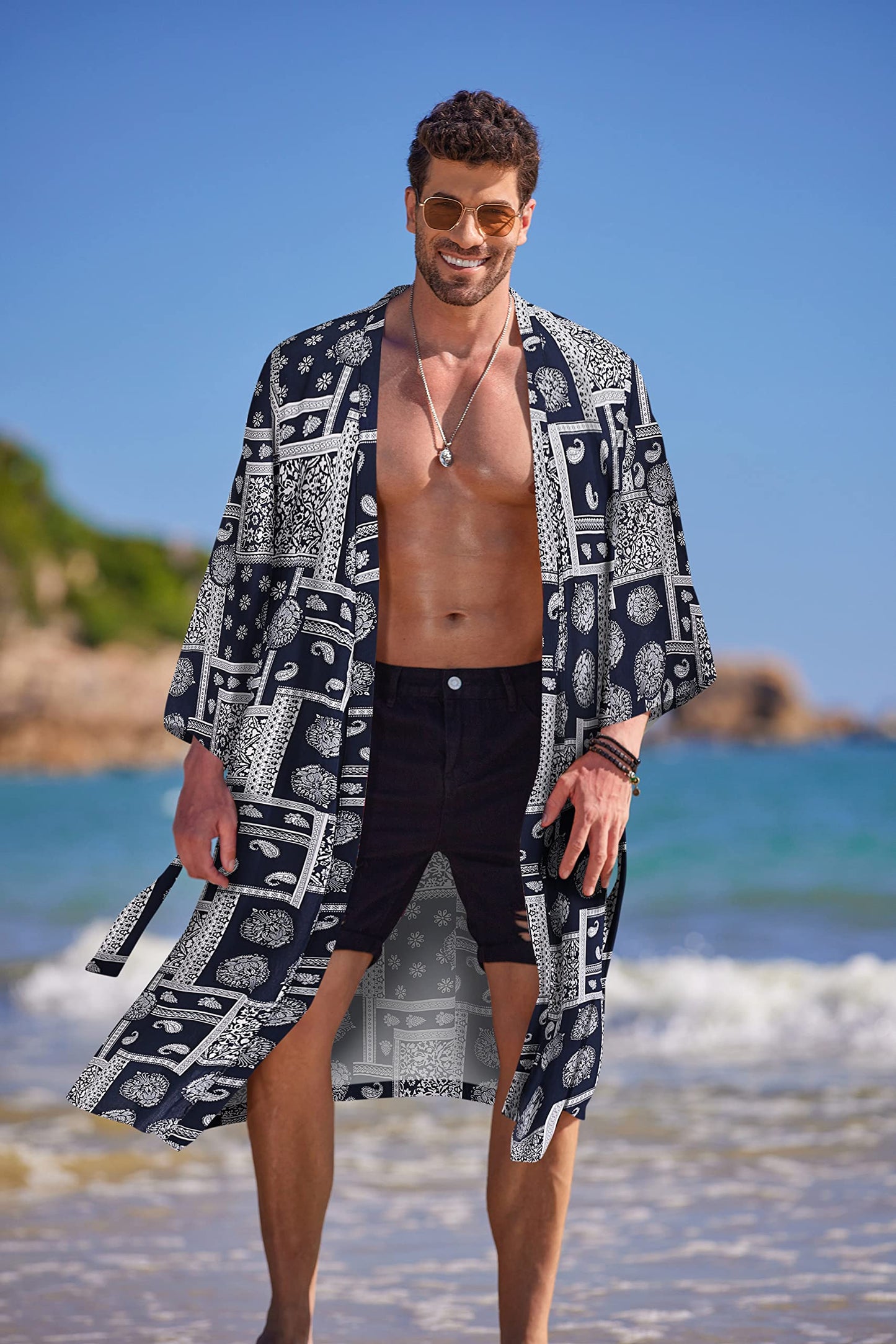 COOFANDY Men's Lightweight Kimono Robe Japanese Bathrobes Open Front Long Cardigan Cloak with Belt