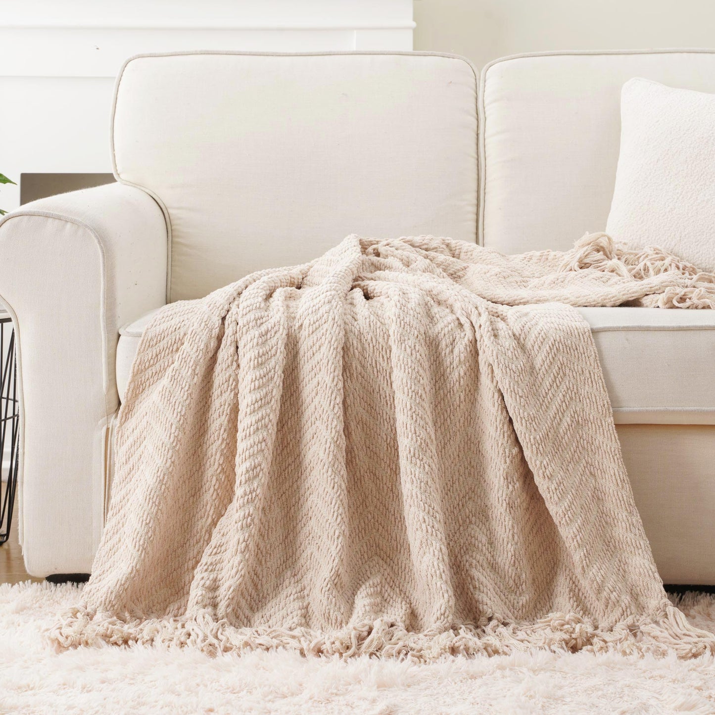 BATTILO HOME Beige Throw Blankets for Couch Bed Sofa, Textured Solid Soft Knitted Throw Blanket with Tassels, Warm Cozy Couch Blanket Large Bed Throws, 60"x80"
