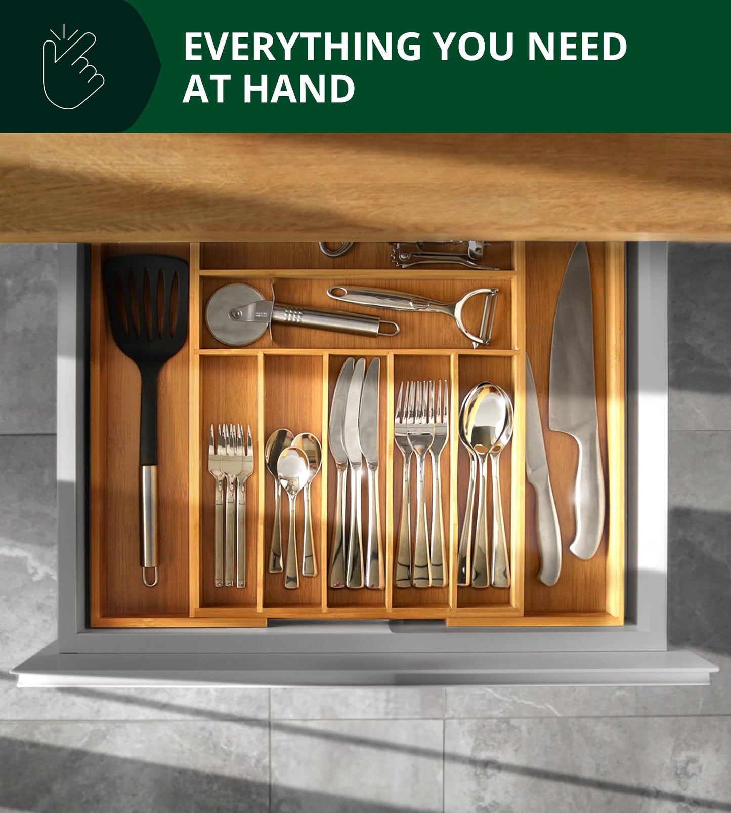 Luxury Cutlery Drawer Organizer - Utensil Holder & Kitchen Drawer Organizer, Bamboo Expandable 9 Slots Silverware Drawer Organizer For Kitchen, Slip Resistant For Flatware & Kitchen Utensils, Natural