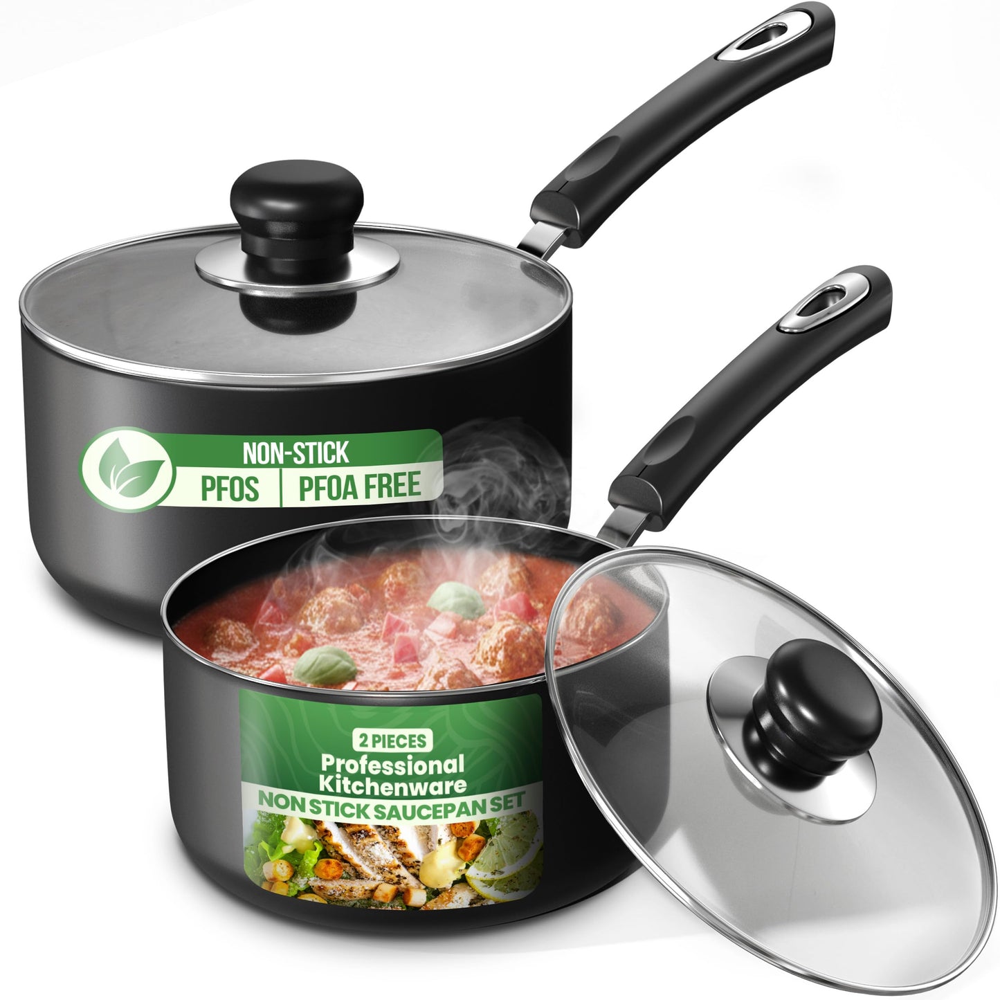 KICHLY Nonstick Saucepan Set with Lid, 1 Quart and 2 Quart Pot - Kitchen Cookware, Multipurpose, Dishwasher Safe - PFOA and PFAS Free (Grey-Black)