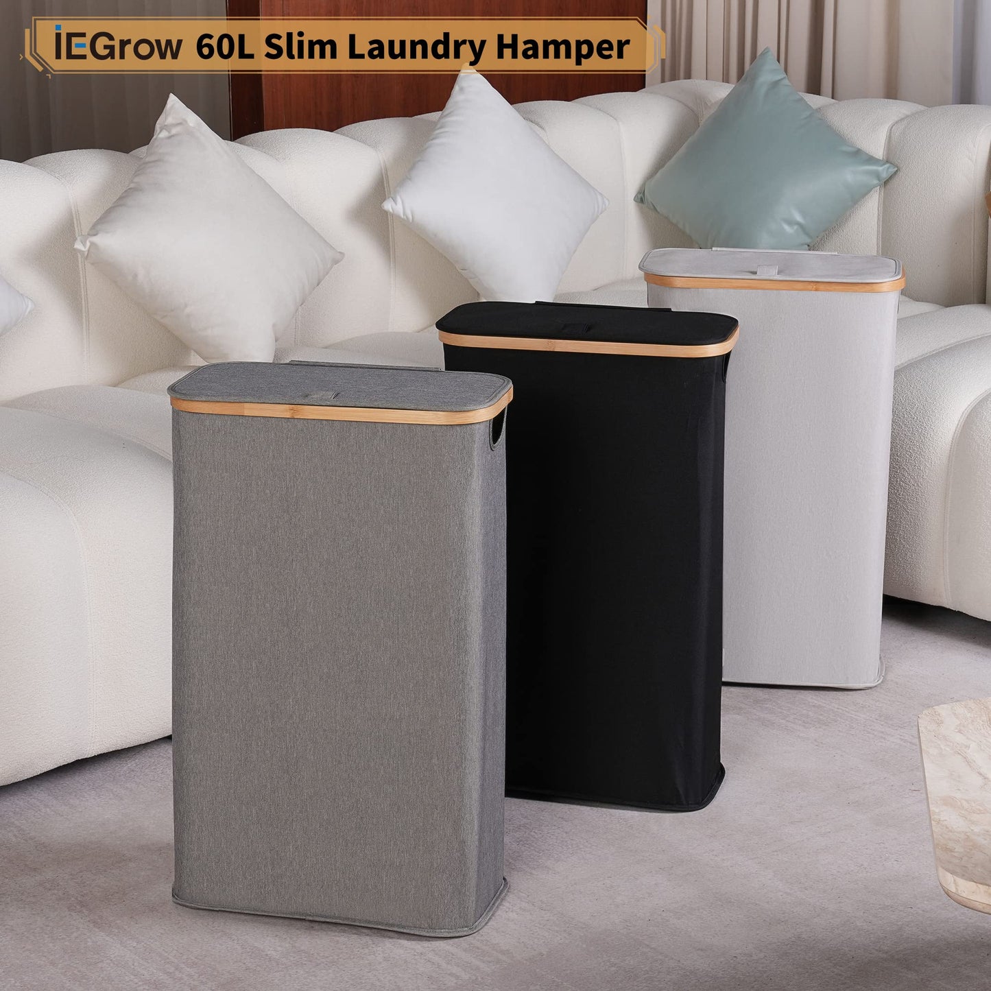iEGrow 60L Slim Laundry Hamper with Lid Hampers for Laundry,Narrow Laundry Basket with Removable Inner Bag & Bamboo Handles Tall Thin Clothes Hamper for Clothes Towels Organization(Black)