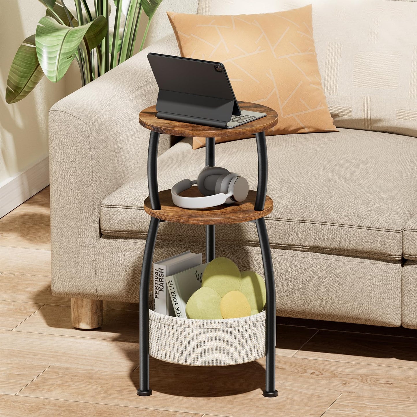 Yuede Side Table Living Room with Storage Basket, Round End Table 3-Tier Accent Nightstand Sofa Corner Table for Small Spaces, Bedroom, Narrow Spaces Coffee Table Rustic Brown