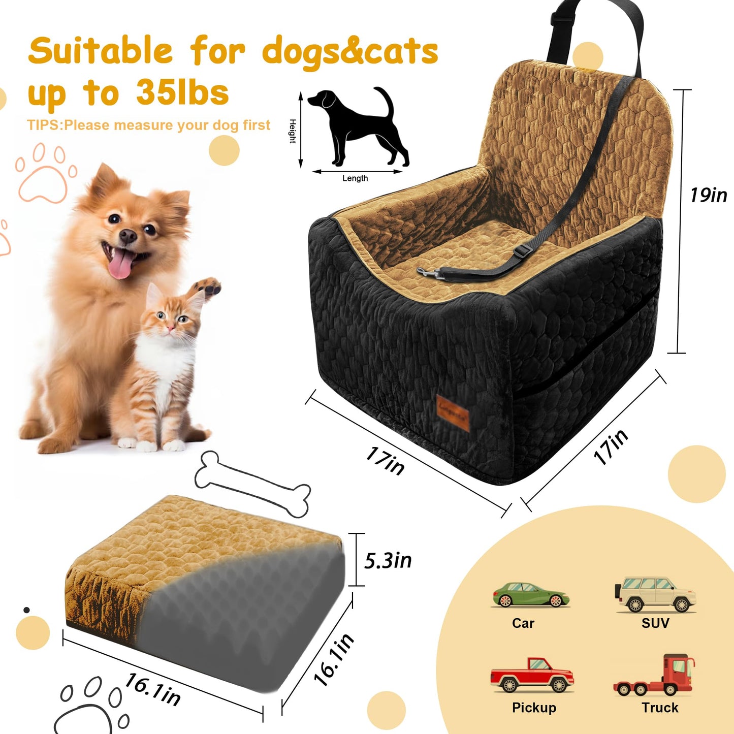 Dog Car Seat for Small/Medium Dogs, Memory Foam Dog Booster Seat, Elevated Pet Car Seat for Dogs up to 35 lbs, Travel Safety Car Seat with Washable Removable Cover, Storage Pockets (BlackBrown)