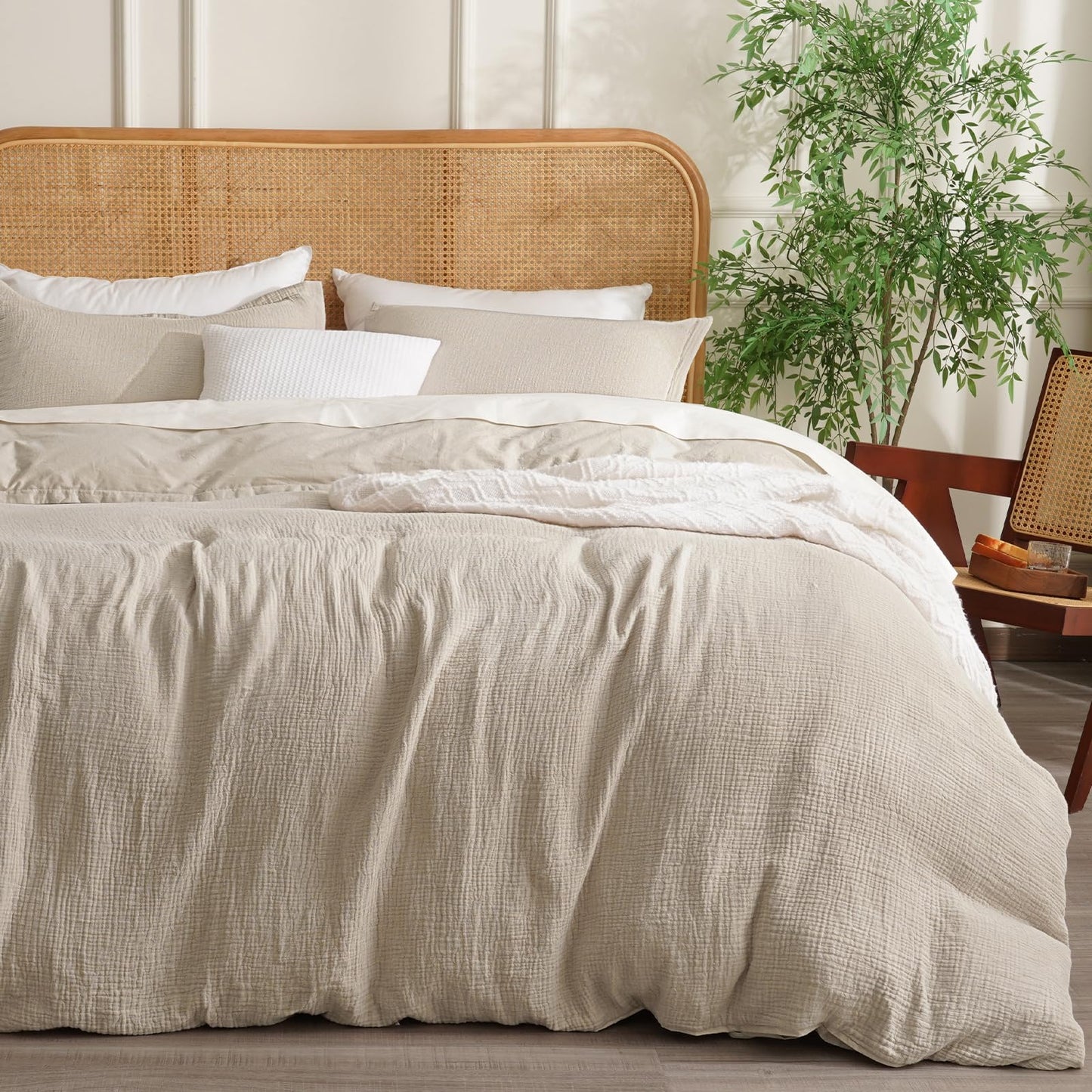 David's Home 100% Cotton Muslin Duvet Cover Set Queen Size,3 Pcs Soft Breathable & Lightweight Gauze Bedding Set with 2 Pillowcases,Textured Home Decor with Button, 90"×90" Natural/Oat Milk,No Insert