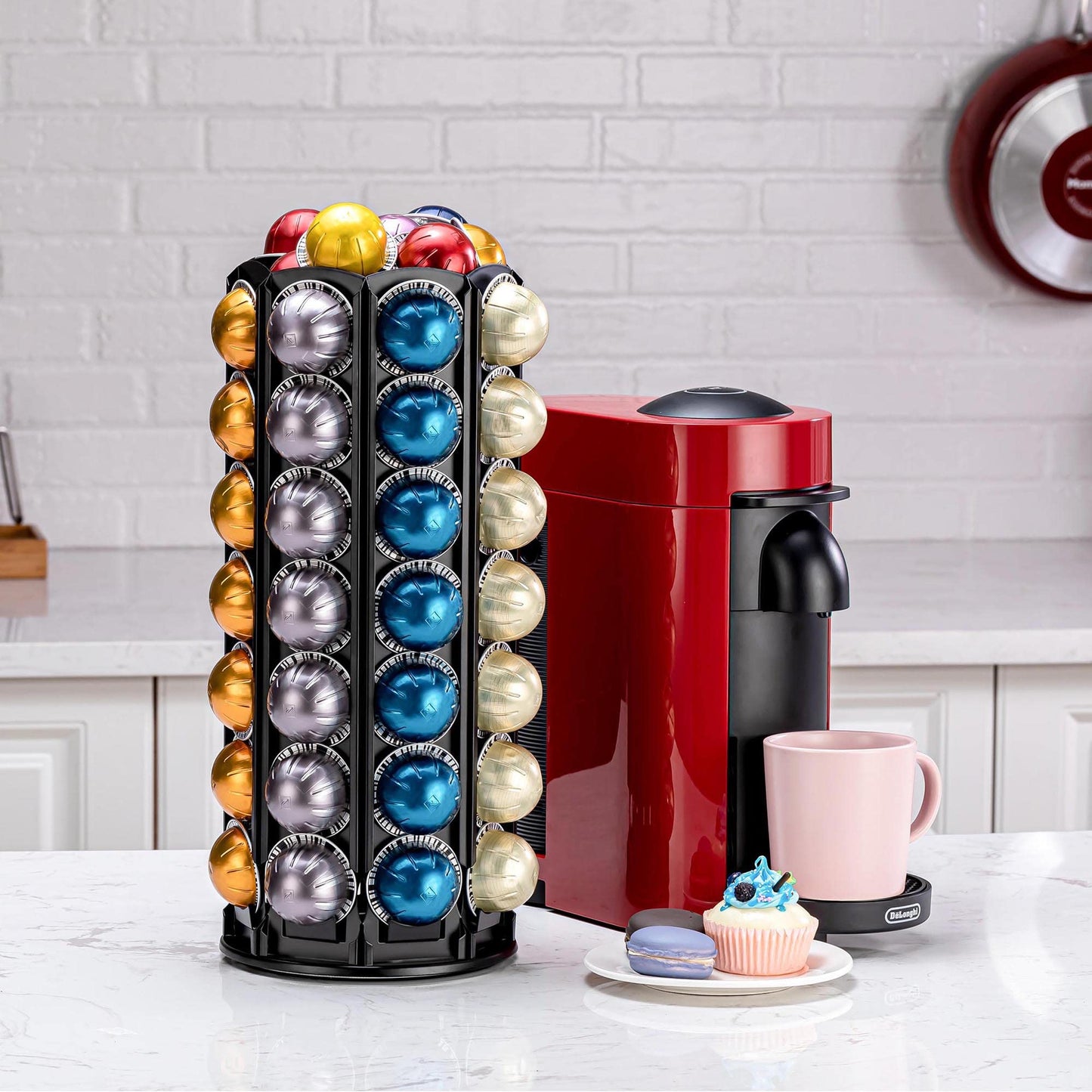 FlagShip Vertuo Pod Holder Carousel Stand for Nespresso Vertuo Capsule Storage Organizer with Extra Space for Coffee Mate Silent Rolling (Vertuo 80+ Pod Storage)