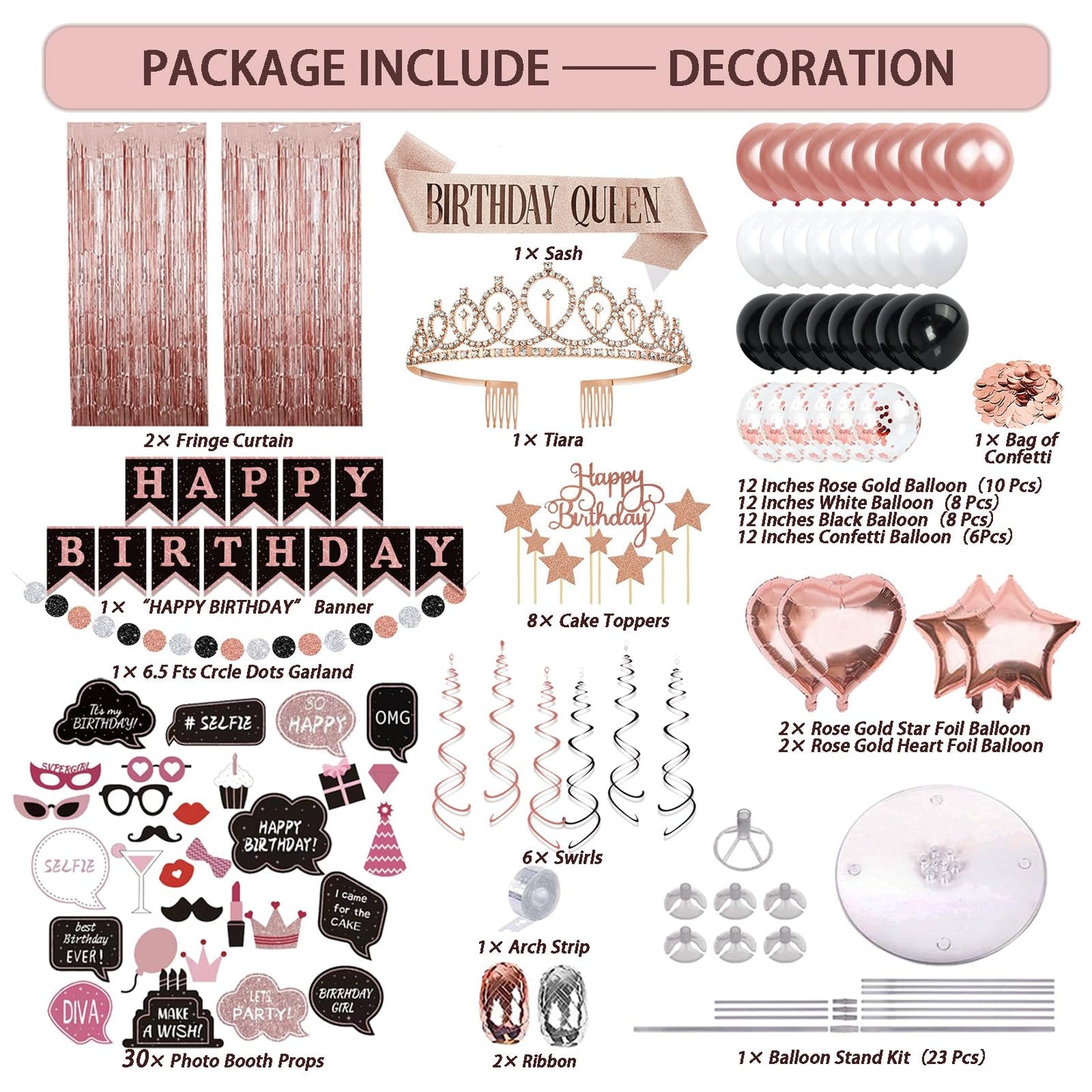 Birthday Decorations For Women, 229 Pcs Rose Gold and Black Happy Birthday Supplies - Disposable Dinnerware Set with 25 Guest, Balloons, Sash, Tiara, Banner, Fringe Curtain, Photo Booth Props