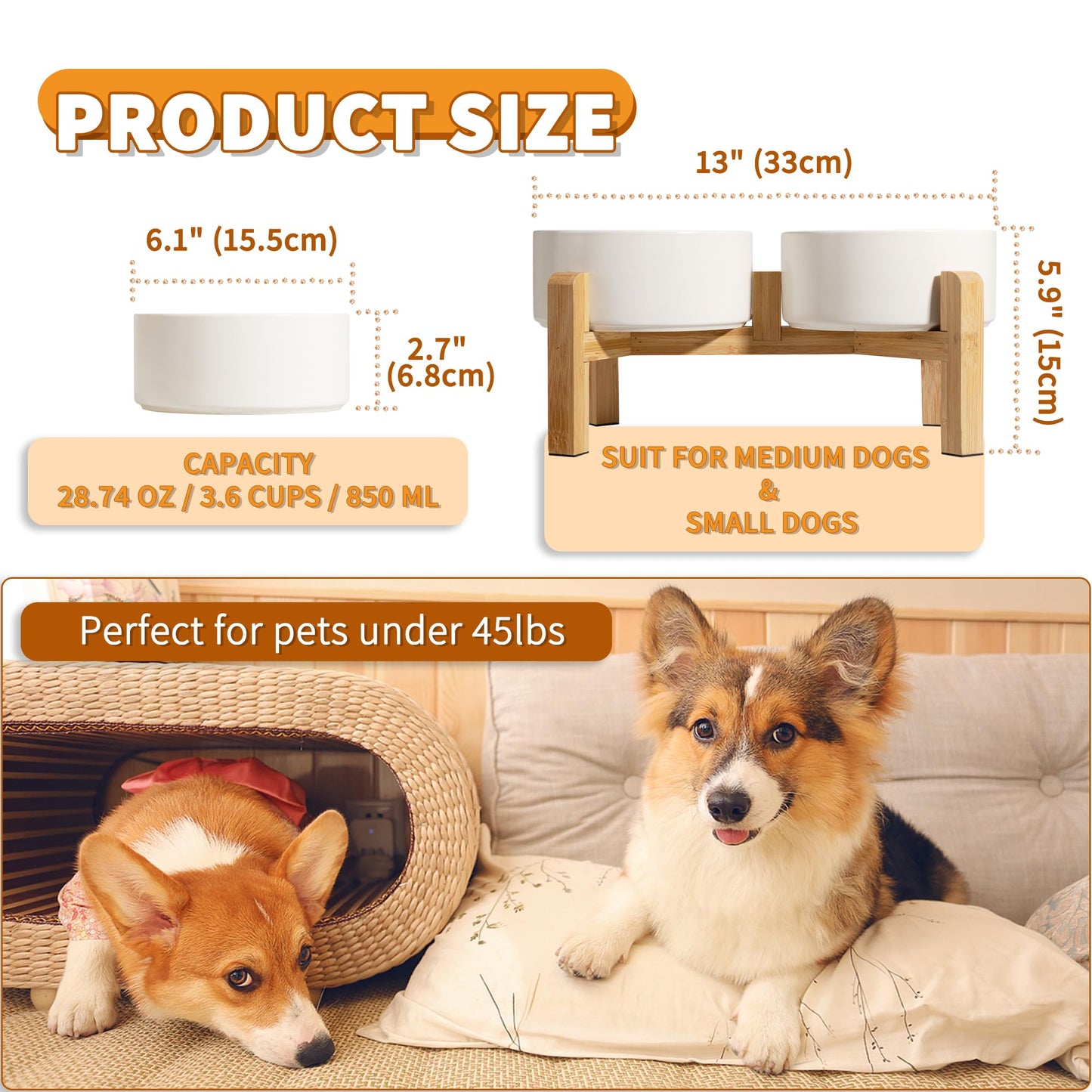 Elevated Ceramic Dog Bowl Set - Raised Dog Bowls with Non-Slip Bamboo Stand - Dog Food and Water Bowl Set - Double Dog Feeding Bowls - Suitable for Small and Medium Dogs - 28.74 OZ - 3.6 CUPS - 850 ML