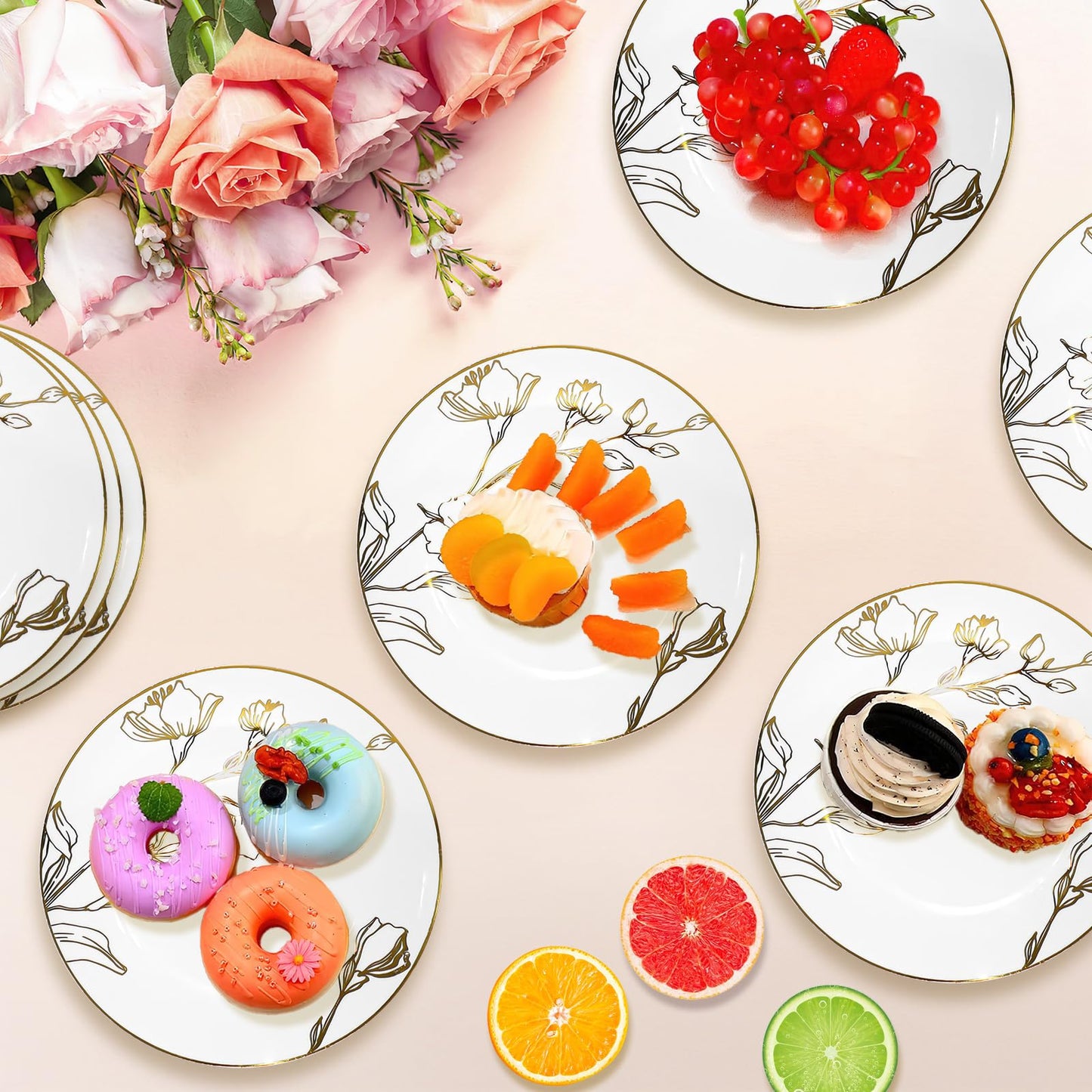150Pcs Plastic Party Plates, 7.5 Inch Disposable Dinner Plates with White & Gold Rim Floral, Dessert Appetizer Elegant Fancy Wedding Plates Gold Plastic Plates for Party Holiday