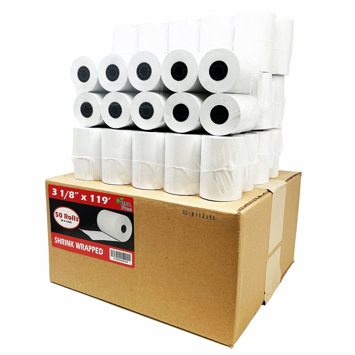 3-1/8" (80mm) 3.125" WIDTH 119' 50 Rolls in a Case 7/16" CORE BPA Free Thermal Paper Rolls Made In USA from BuyRegisterRolls.