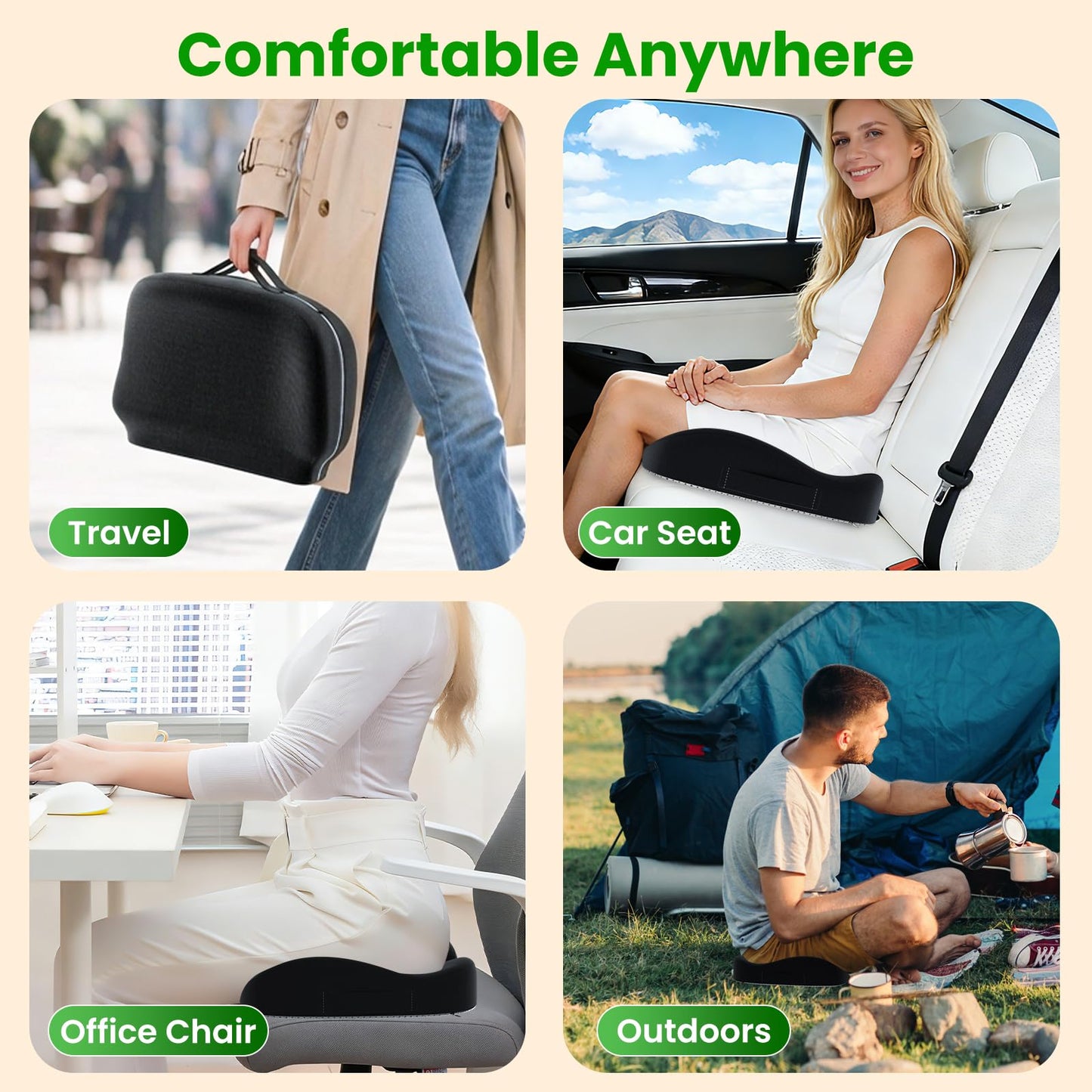A-Pce Apce Foldable Travel Seat Cushion-with Built-in Handles,Memory Foam Cushions for Relief of Lower Back, Sciatic, Butt and Tailbone Pain-for Home & Office Use, Perfect for Travel or Driving-Black