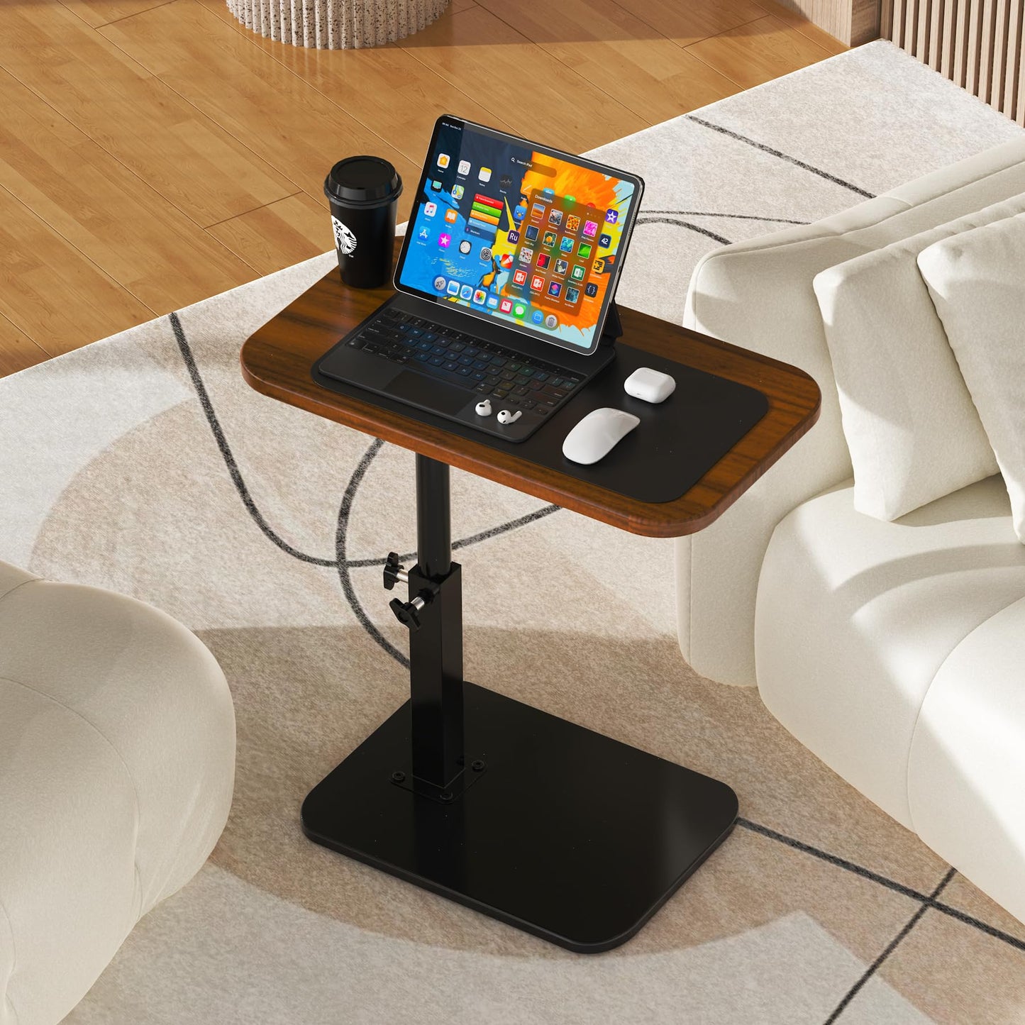 Botion Adjustable Height C-Shaped Table, 360° Swivel TV Tray, Small Side Table for Couch, Bedside and Living Room, Couch Table with Metal Pillar(Brown)