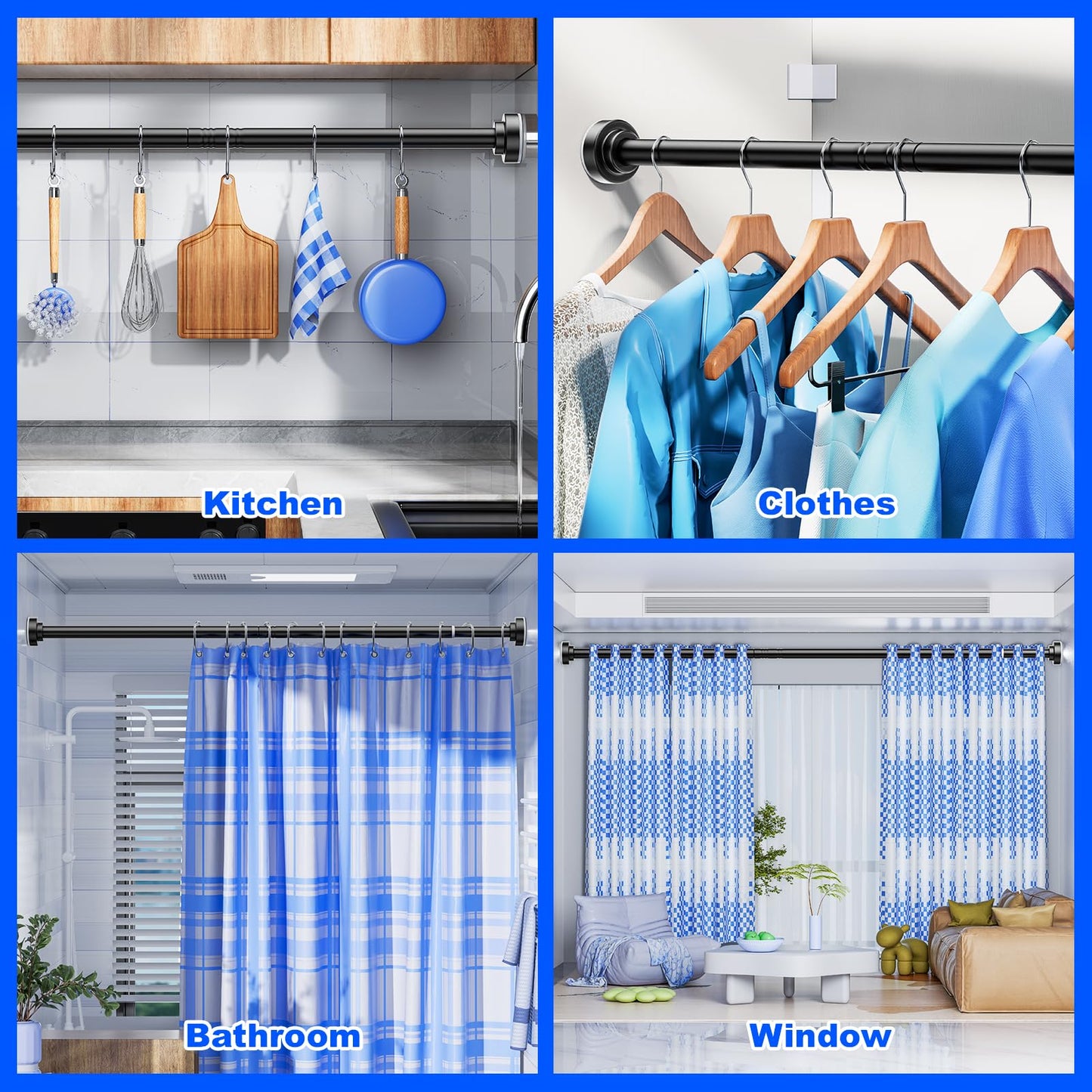 Ausemku Shower Curtain Rod - 32-92 Inch Rustproof Tension Rod, Non-Slip Spring Design, No Drilling Adjustable Curtain Rod for Bathroom, Kitchen, and Closet(Black)