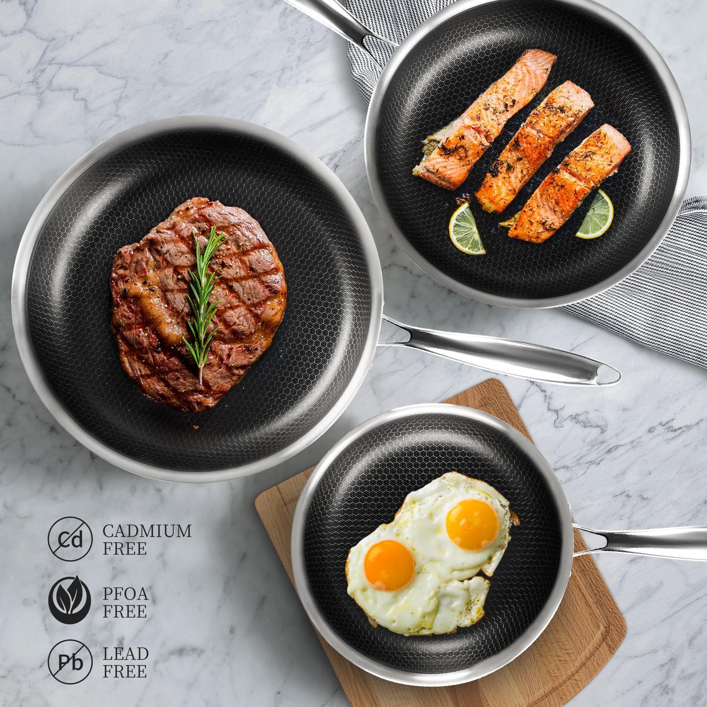 12 inch Tri-Ply Stainless Steel Frying Pan with Lid Large Nonstick Honeycomb Coatings Skillet for Eggs & Omelettes Non Toxic Healthy Omelette Pan Compatible W/All Cooktops