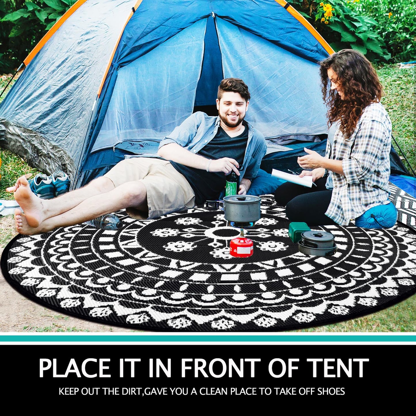 Capslpad Round Outdoor Rug for Patio 8' Reversible Mat Waterproof Plastic Straw Rug Boho Round Indoor Outdoor Area Rug for RV,Backyard,Balcony,Deck,Tent,Picnic,Beach,Camping