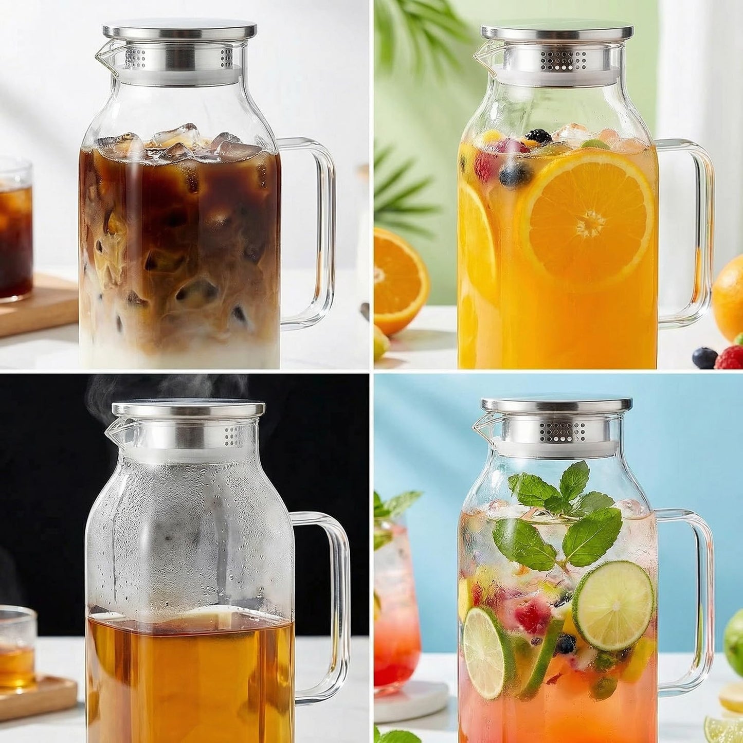 SYDALARAW 2 Pack Glass Water Pitcher, 2 Liter/68 oz Square Glass Pitcher with Lid and Handle, Clear Heat Resistant Glass Water Jug Carafe Juice Container for Hot Tea, Cold Brew and Milk