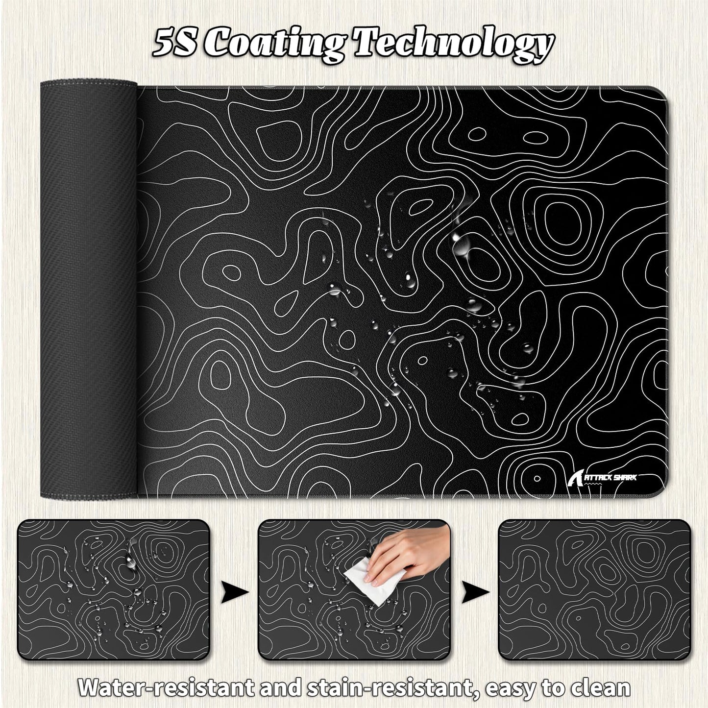 ATTACK SHARK CM02 PRO Extra Large Gaming Mouse Pad, with Anti-Slip Rubber Never-Slip Stability Esports Mousepad, XXL Full Desk Coverage for Writing Desk Office Home Laptop-Black Topographic Line