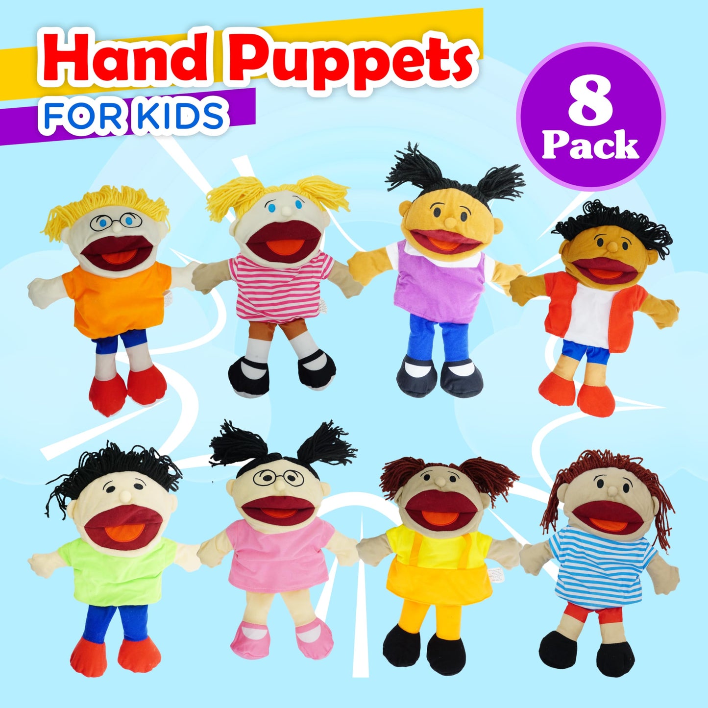 8 Hand Puppets for Kids, Multicultural Puppets with Movable Mouth (8 Pack) Bulk Soft Plush Puppets, School Home Puppet Theater Shows Toys, Teachers Classroom Supplies