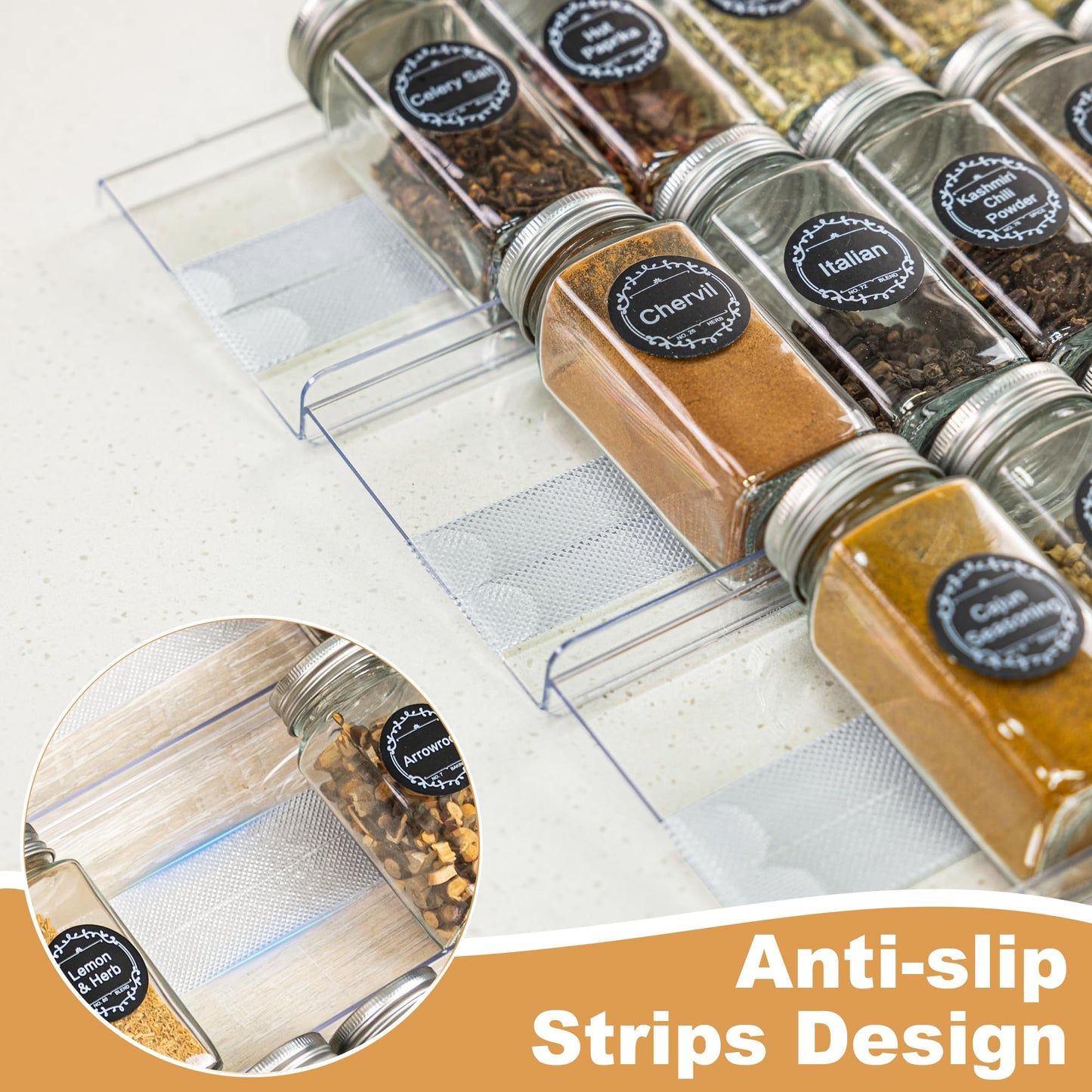 Brippo 8-Pack Spice Drawer Organizer, Expandable Acrylic Seasoning Rack (13" to 26") with Anti-Slip Mat, Kitchen Spice Rack Tray Holds up to 56 Jars