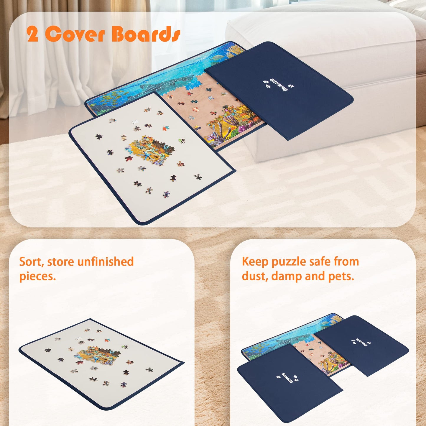 Becko Jigsaw Puzzle Board with 2 Trays Portable Jigsaw Puzzle Mat for Up to 1000 Pieces Puzzle Storage & Saver, Non-Slip Surface, (Blue/Khaki)