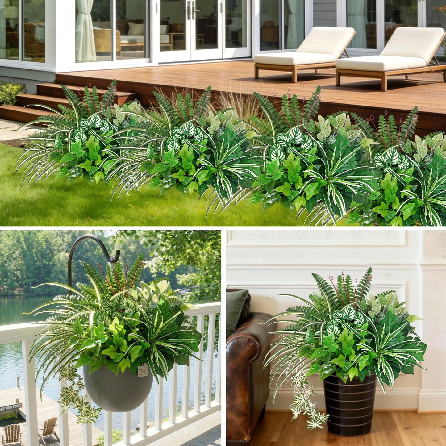 UXORSN 8 Bundles Artificial Outdoor Plants UV Resistant Artificial Greenery Stems Fake Ferns Shrubs Bushes Spring Summer Plastic Green Plants for Planter Garden Outside Porch Patio Decor