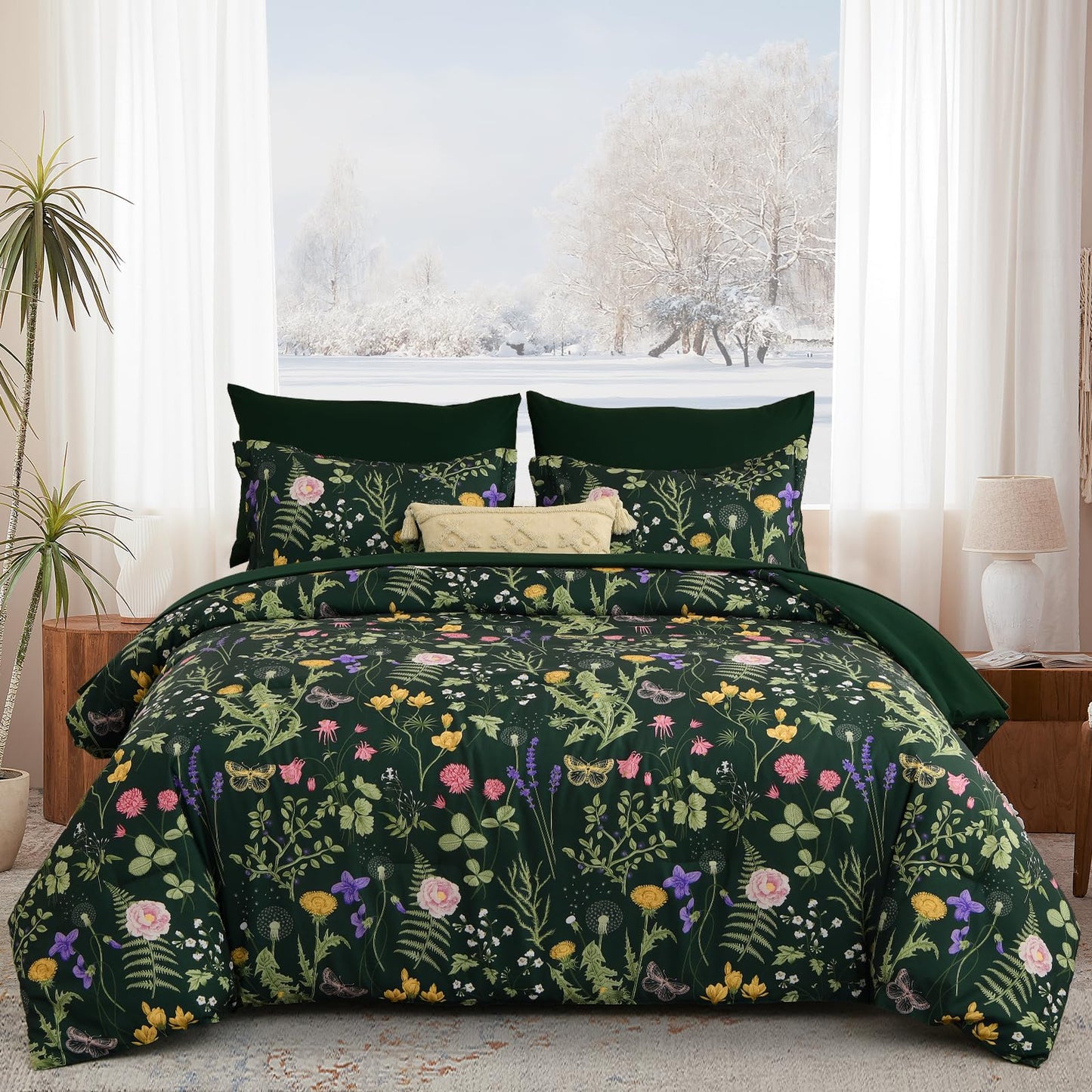 Yiran Queen Comforter Set 7 Piece, Dark Green Floral Bedding Set, Bed in a Bag Queen with Botanical Flowers Patterns, Soft Microfiber Complete Bedding Set with Sheets for All Season