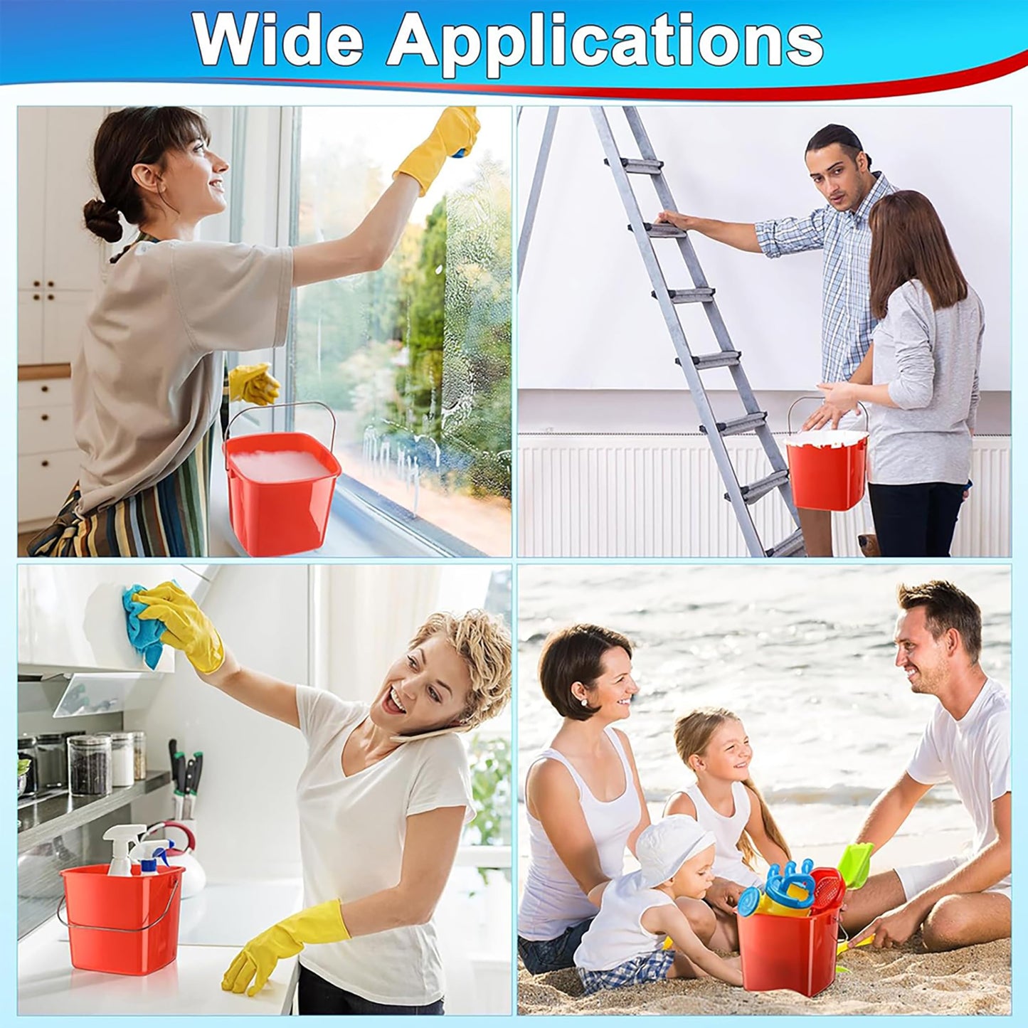6 Pcs 3 Quart Small Square Plastic Cleaning Bucket with Handle - Red, for Home/Office/School/Commercial/Food Service Sanitizing