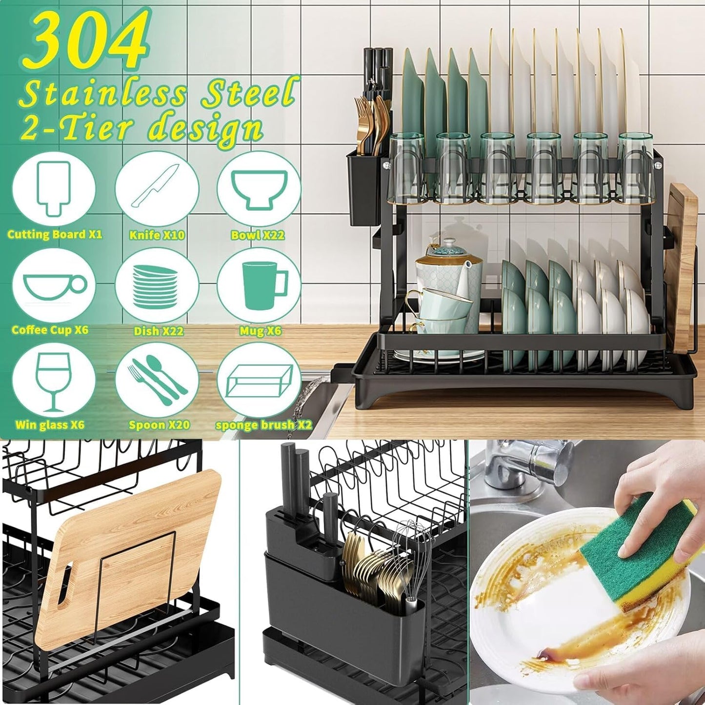 Dish Drying Rack for Kitchen Counter, Stainless Steel Sink Organization and Storage Essentials with Cutlery Holder, Large 2Tier Dish Rack with Drainer Board, Multi-Use Utensil Organizer and Cup Holder