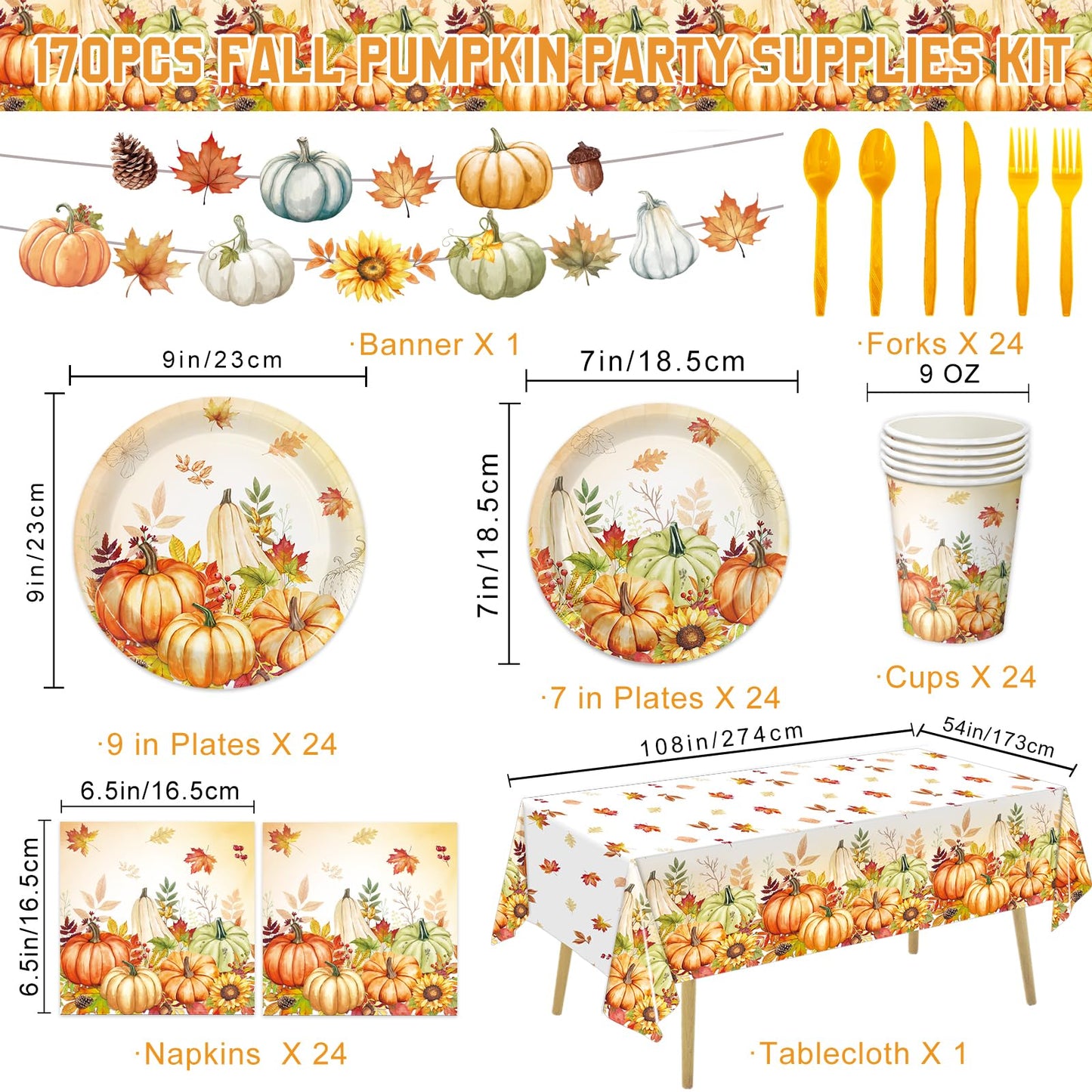 170PCS Fall Party Decorations Kit Includes Pumpkin Harvest Disposable Paper Plates, Napkins, Cups, Cutlery, Banner, Tablecloth for Autumn Holiday Thanksgiving Autumn Party Decorations, Serve 24