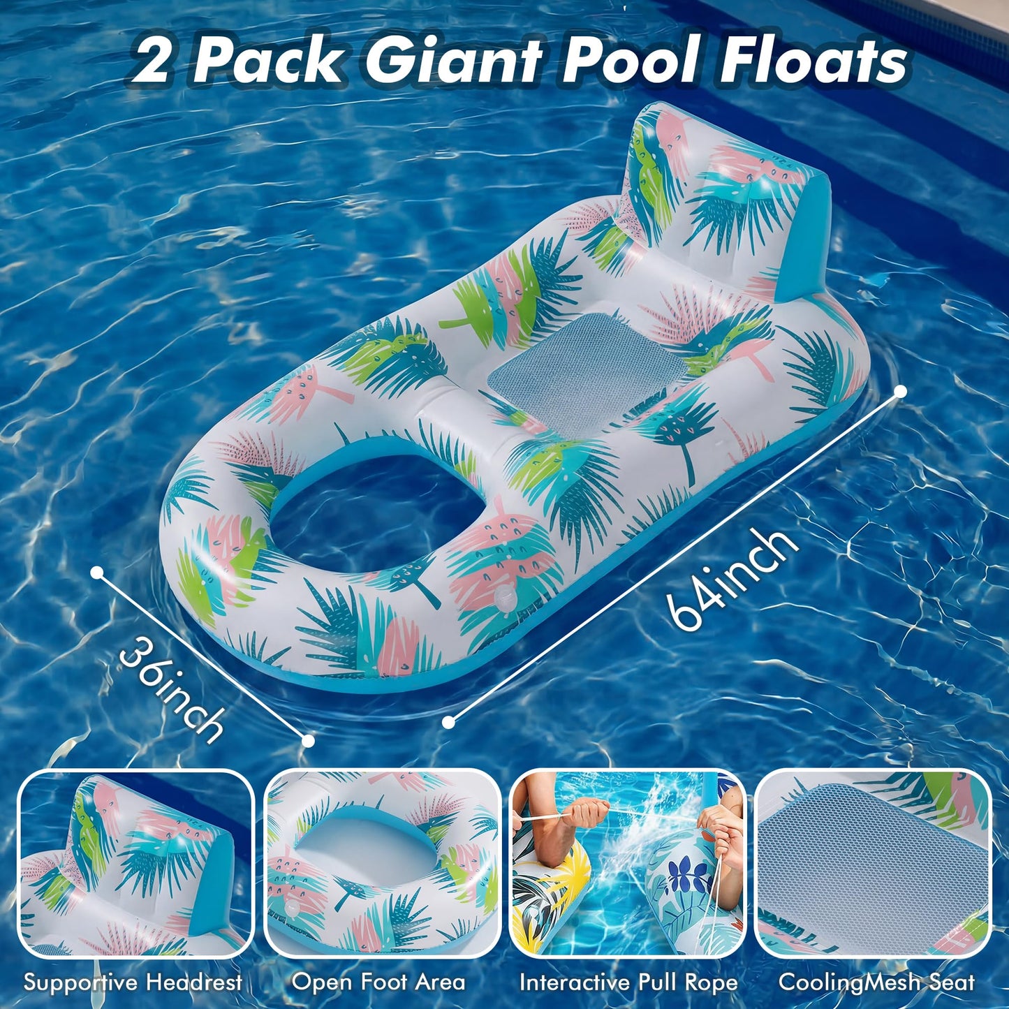 cngg v Pool Floaties for Adults,Inflatable Float Heavy Duty, Backrest & Footrest Pool Float Pool Rafts for Adults Beach Lake Party 2 Pack