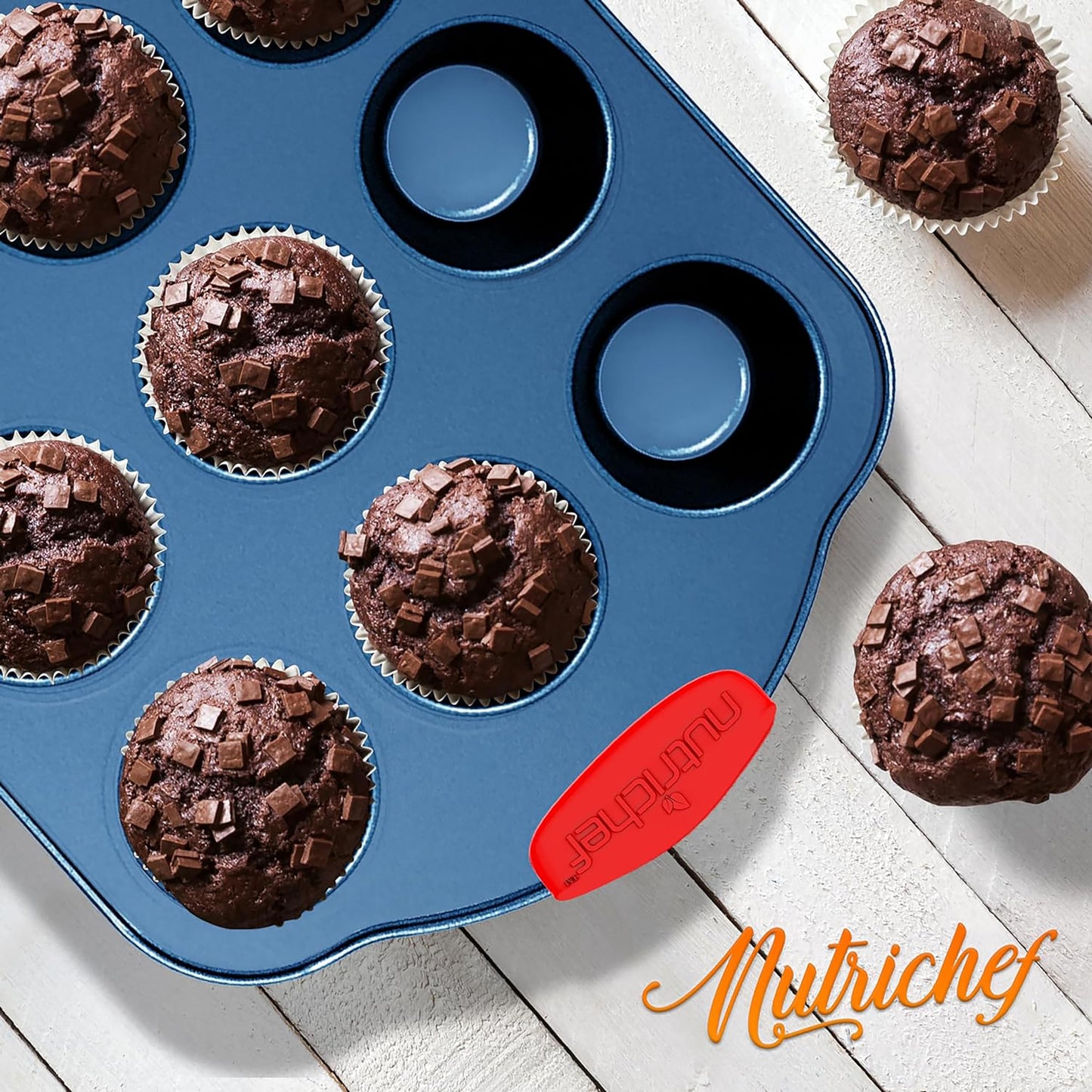 NutriChefKitchen 8-Piece Nonstick Bakeware Set - PFOA, PTFE-Free Carbon Steel Baking Trays w/Heatsafe Silicone Handles, Oven Safe Up to 450°F, Pizza Loaf Muffin Round/Square Pans, Blue, NCSBSBL8