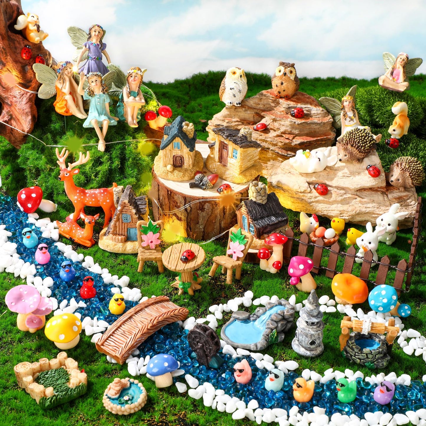 Wenqik 106 Pcs Miniatures Garden Fairies Accessories Kit Operation Christmas LED House Resin Figures Ornaments for Outdoor Yard DIY Decoration(Only Have Battery Box, Not Included Battery)