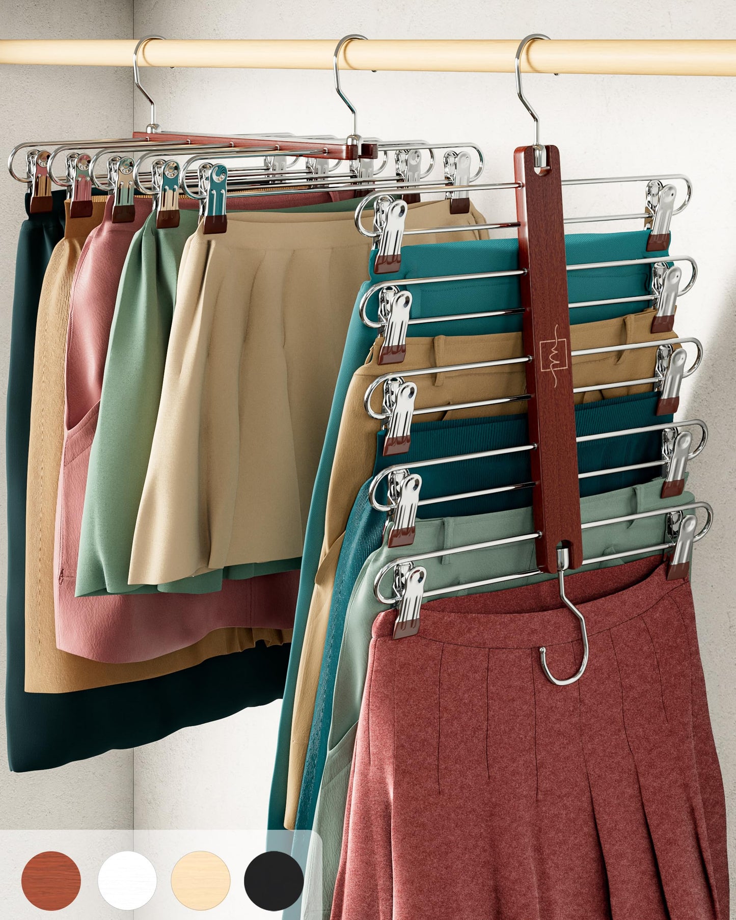 MORALVE Skirt Hangers Space Saving with Clips - 2 Pack - European Beechwood 5-Tier Hanger for Shorts, Skirts, and Pants - Closet Organizer and Storage Solution for Women with 360° Swivel Hook