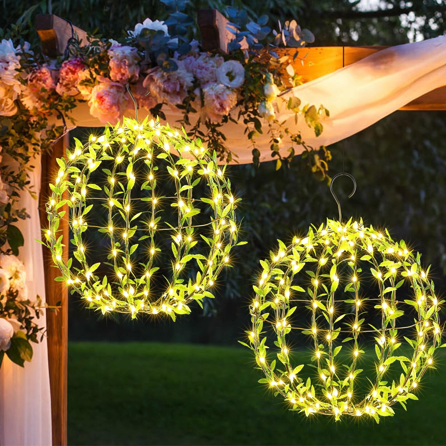 Joomer Solar Hanging Ball Lights Outdoor, 2-Pack 13in + 11in Total 264 LED Solar Globe Lights, 8 Modes Waterproof Metal Sphere Lights with Hooks for Patio Garden Decor - Warm White