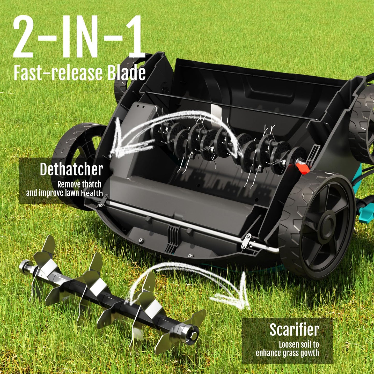 (2025 New) YARDCARE Electric Dethatcher and Scarifier, 2-in-1 Powerful Lawn Dethatcher with 10.5 Gal Thatch Bag, 5-Position Height Adjustment, Dual Switch, Keep Lawn Healthy