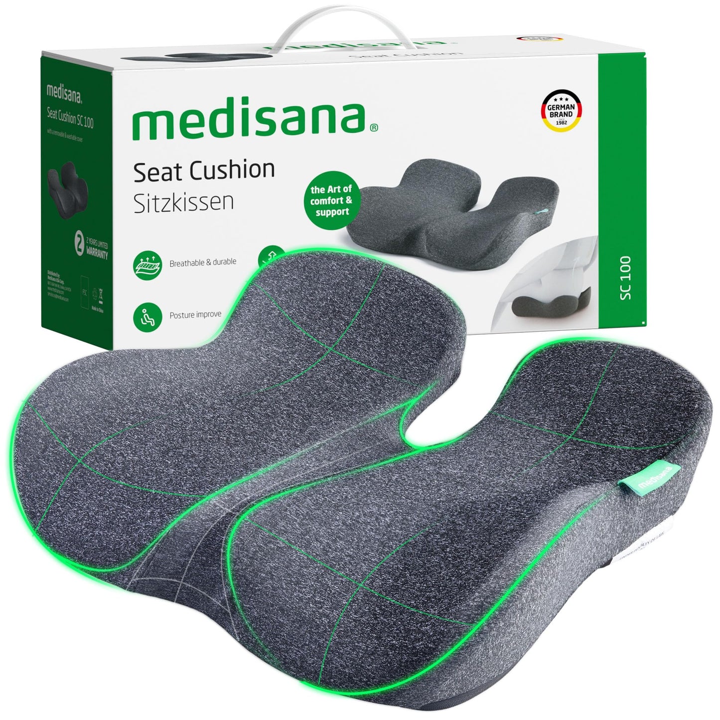 Medisana Seat Cushion, SC 100 Memory Foam Seat Cushions for Office Chairs, Car Seat, Wheelchair - Sciatica & Tailbone & Coccyx Pain Relief Pillow for Driver Sedentary People, Gifts for Women Men