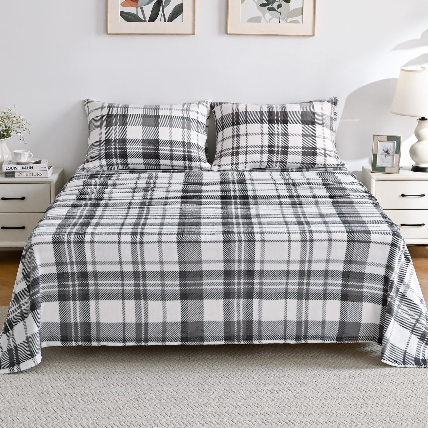 Viviland Plush Micro Fleece Queen Bed Sheet Set - Soft Fuzzy Polar Fleece Velour Velvet Sheets - Extra Warm Winter Fleece Bed Sheets with 15" Deep Pocket - Grey Plaid - Queen