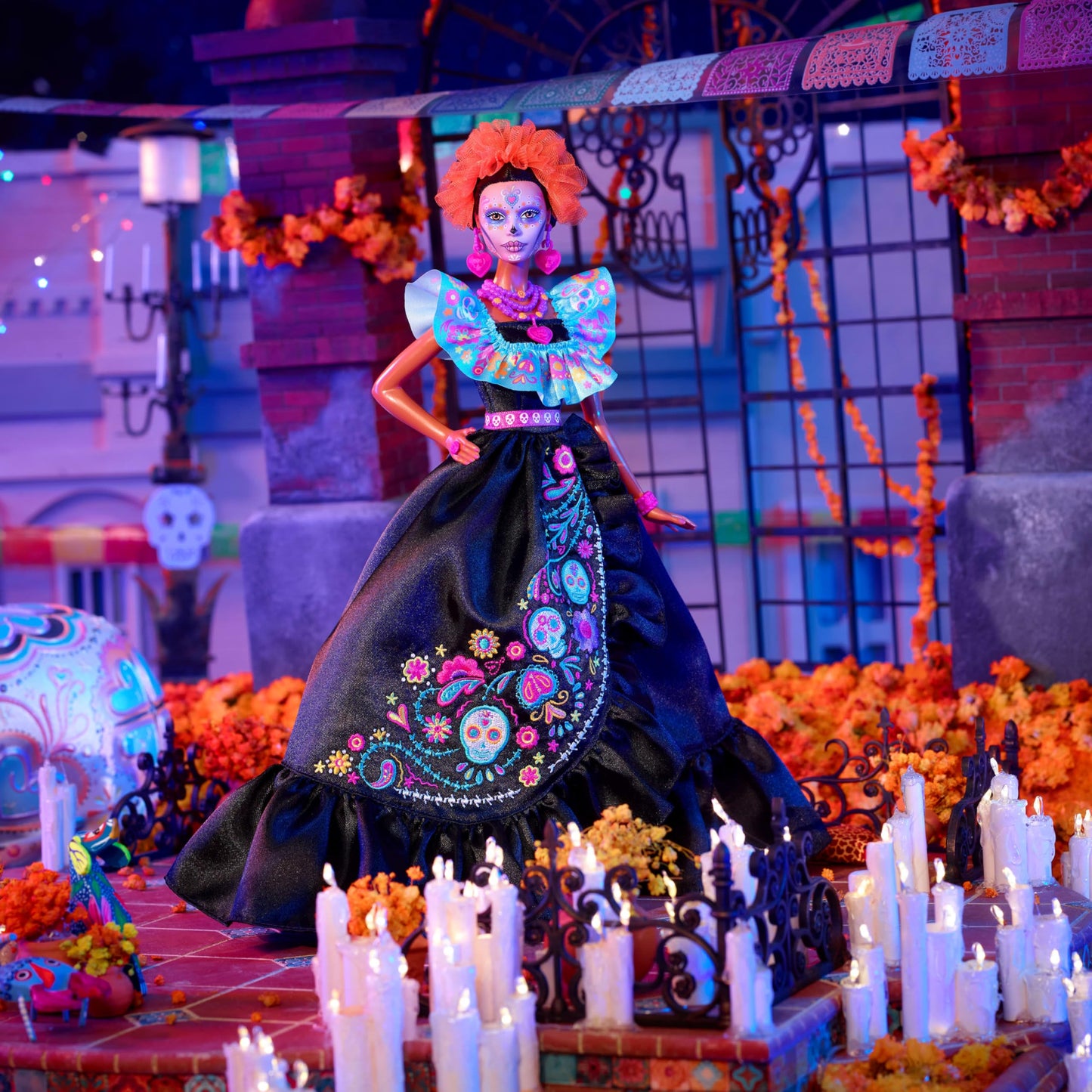 Barbie Signature Doll, 2024 Día De Muertos Collectible in Black Dress with Blue Ruffle Top, Embroidered Print, and Colorful Accessories