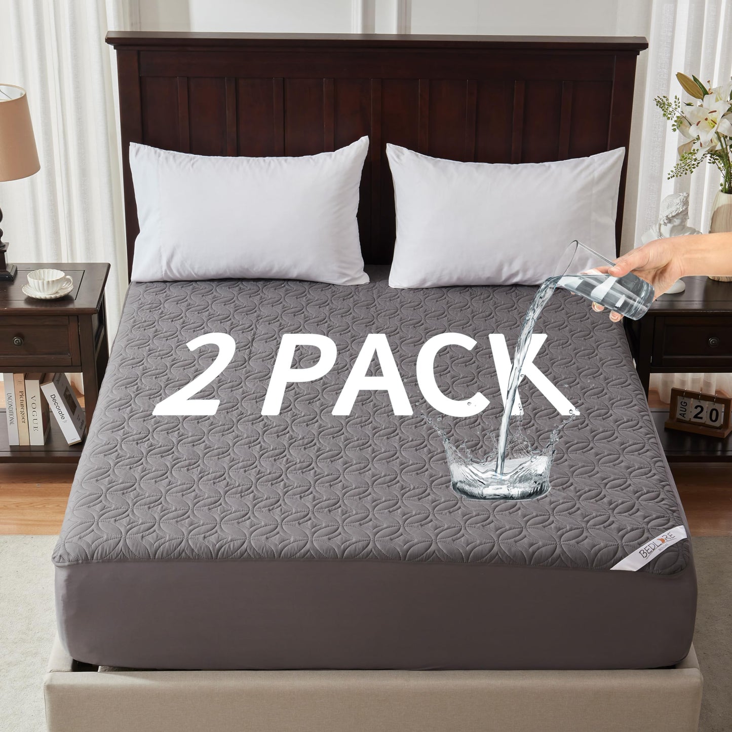 Waterproof Mattress Protector Twin Size, Mattress Pad with Deep Pocket Fitted Up to 6"-18", Soft & Breathable Single Bed Mattress Cover for Kids Teenager Bedroom, Dorm Room (Gray,2 Pack)