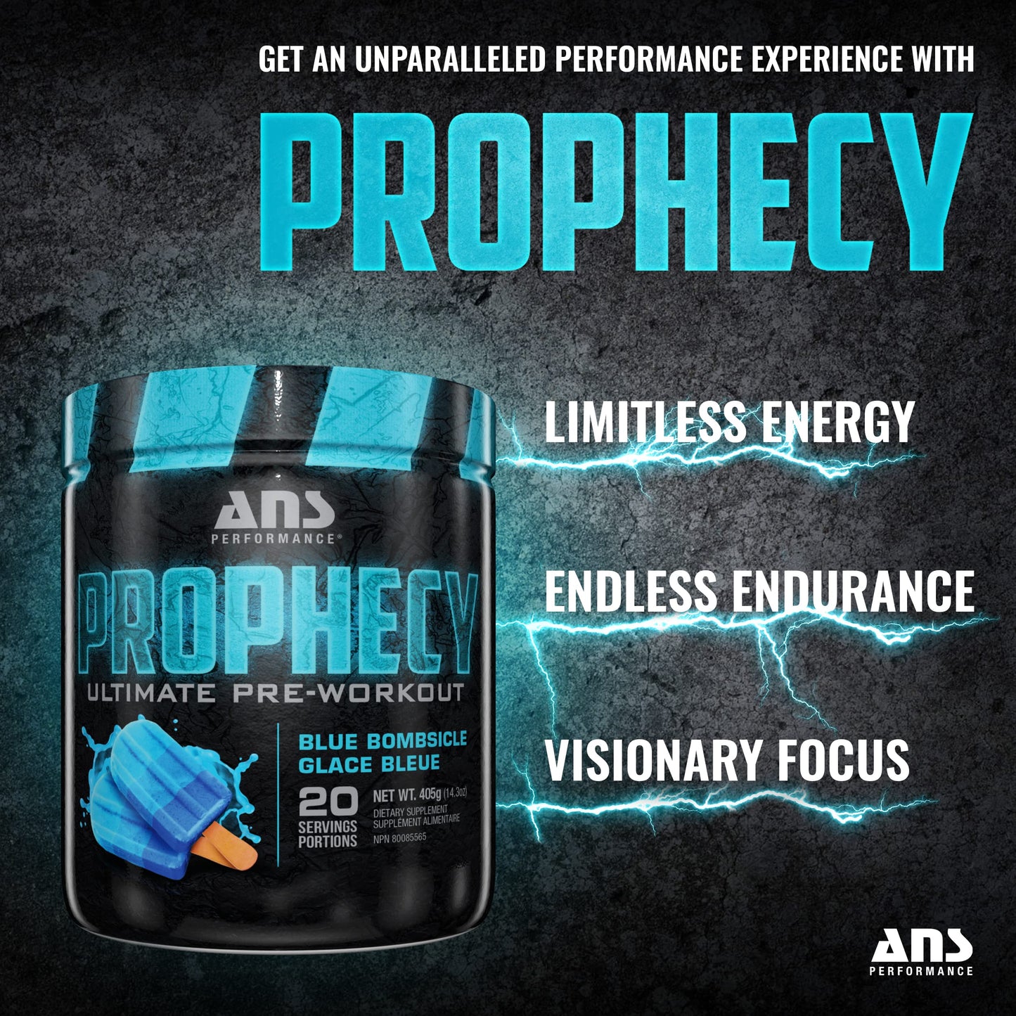 ANS Performance Prophecy Pre Workout Powder (20 servings, 14.5 oz) – Gluten Free Pre-Workout Formula - Energy & Strength - Sugar Free- Increase Power & Workout Volume (Blue Bombsicle)