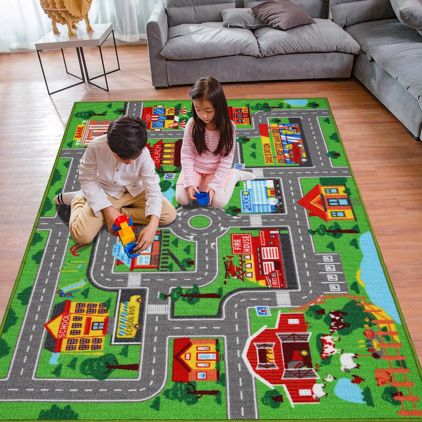 Mfmiudole Kids Car Track Carpet, City Map Play Rug, Green, 150x100 CM, 5' x 3'3" (Rectangular), Modern, Non Slip, Low Pile, Nylon, Throw Rug, Indoor, Living Room, City Map, Cartoon