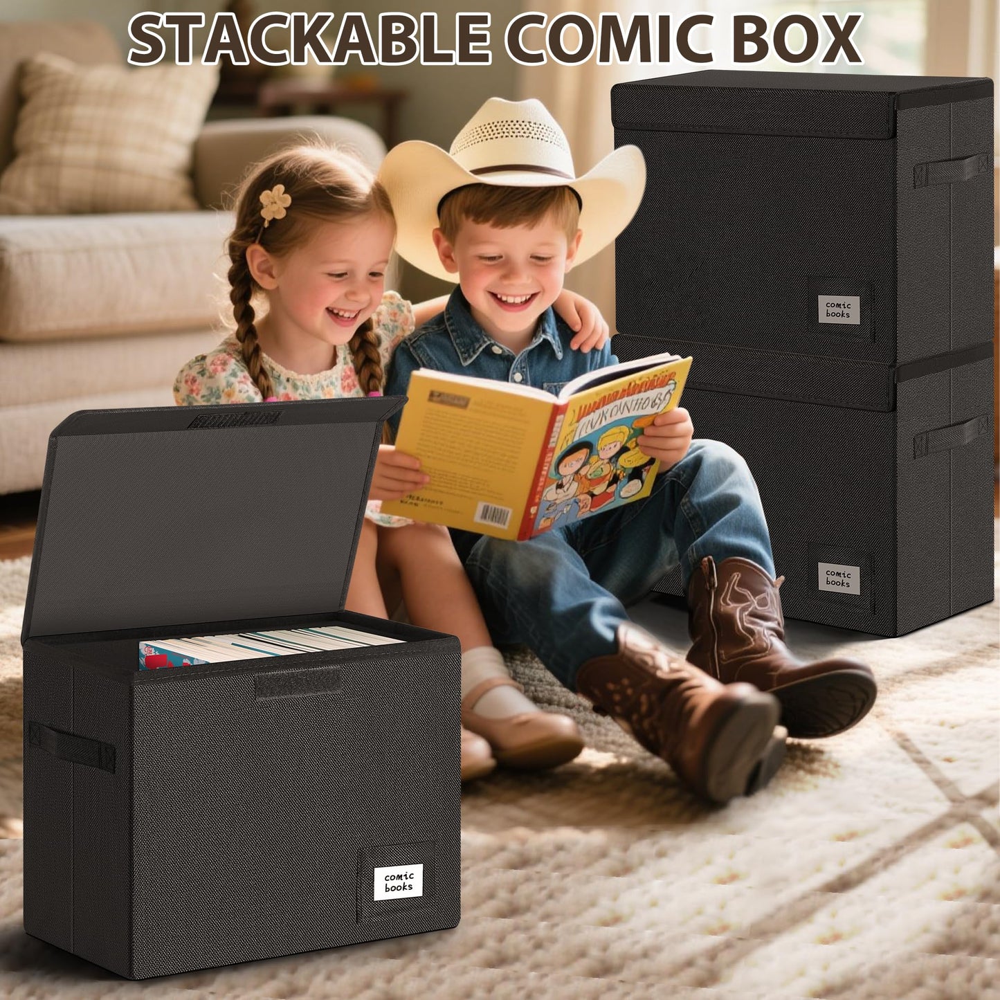 Leffis Comic Book Storage, Comic Book Box, Collapsible and Stackable, Short Comic Box, Moistureproof Comic Box with Lid and Label Slot, 15.5 x 7.5 x 11.3 inches, Holds 150