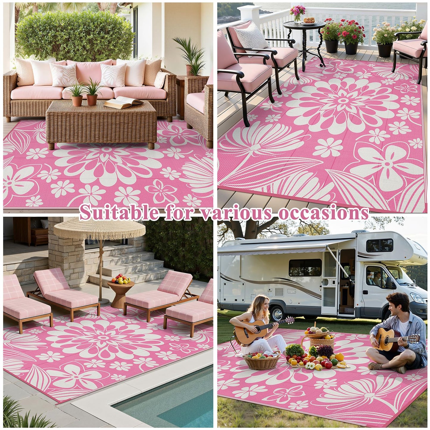Ileading Outdoor Plastic Straw Rug 6x9ft Funny Floral Style Reversible Patio Area Rugs Waterproof Non Shedding Portable Carpets for Rv Outside Deck Pool Beach Picnic Camping (Pink)