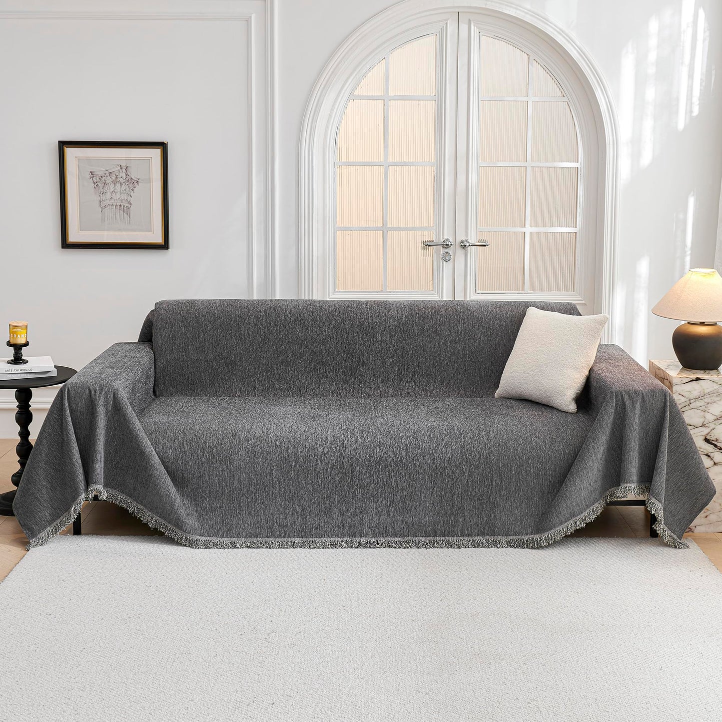 MYSKY HOME Couch Covers Sofa 2 Seat, Non-Slip Soft Sofa Slipcover Furniture Protector, Washable Futon Covers, Chenille Fabric Pet Friendly for Dogs, 71" x 118", Dark Grey