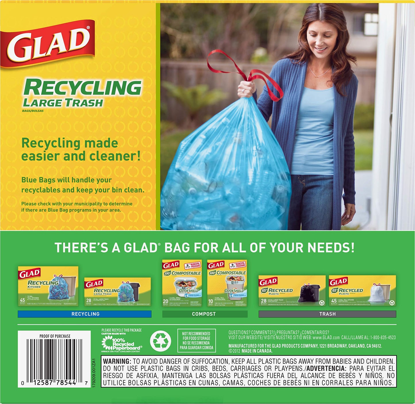 Glad Large Drawstring Recycling Bags - 30 Gallon Blue Trash Bag - 28 Count