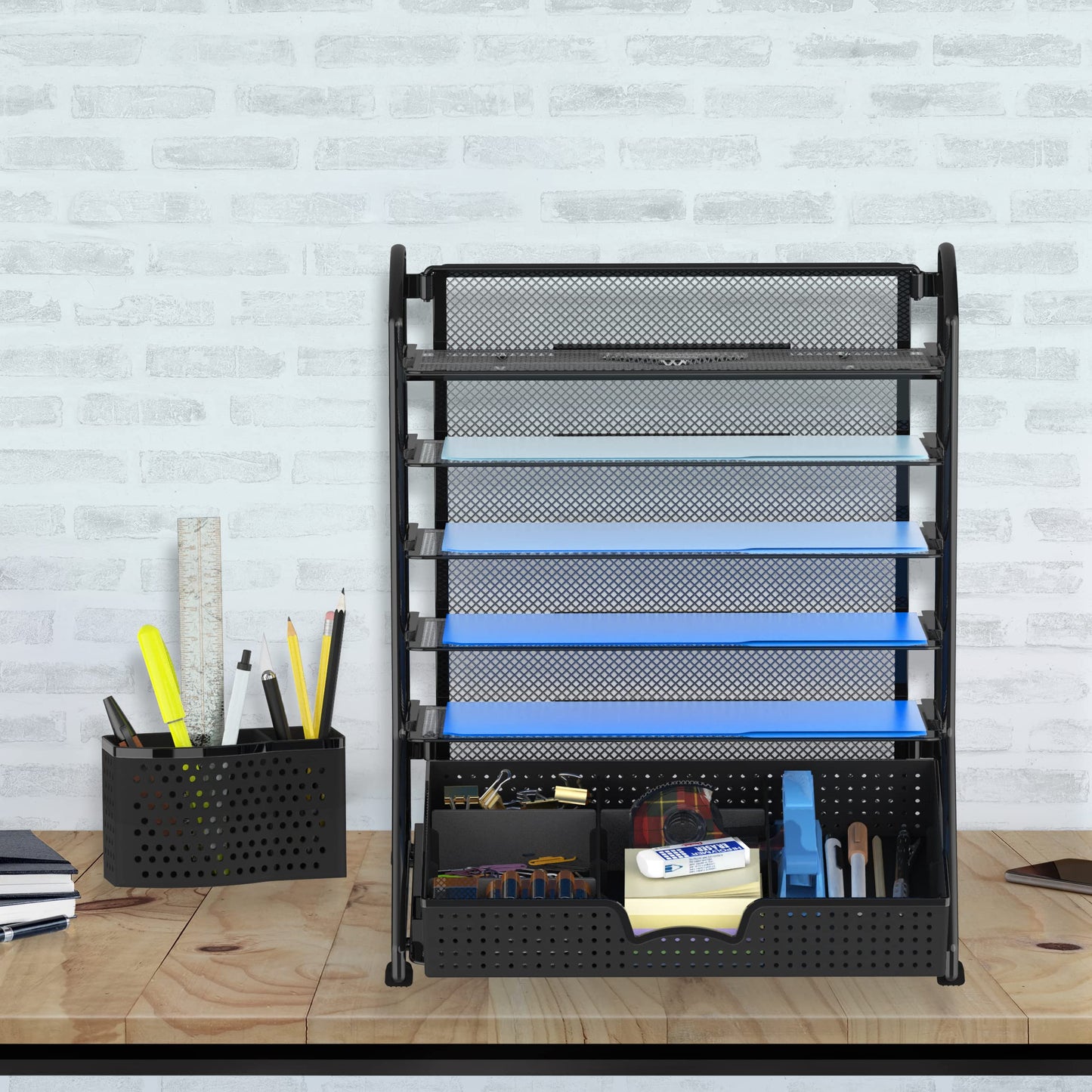 Simple Houseware 6 Trays Desk Document File Tray Organizer with Sliding Drawer, Black